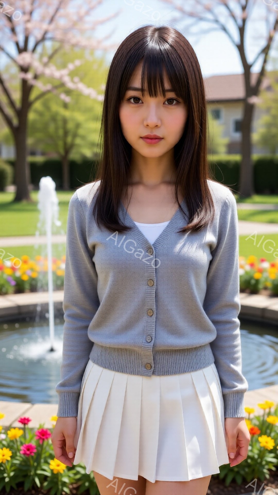 明るい屋外で、若い女性がグレーのカーディガンと白いプリーツスカートを身に着けて立っています。彼女は長い黒髪で、顔には穏やかな表情を浮かべています。背景には、噴水、花壇、そして建物が見え、春らしい穏やか - AI生成フリー素材