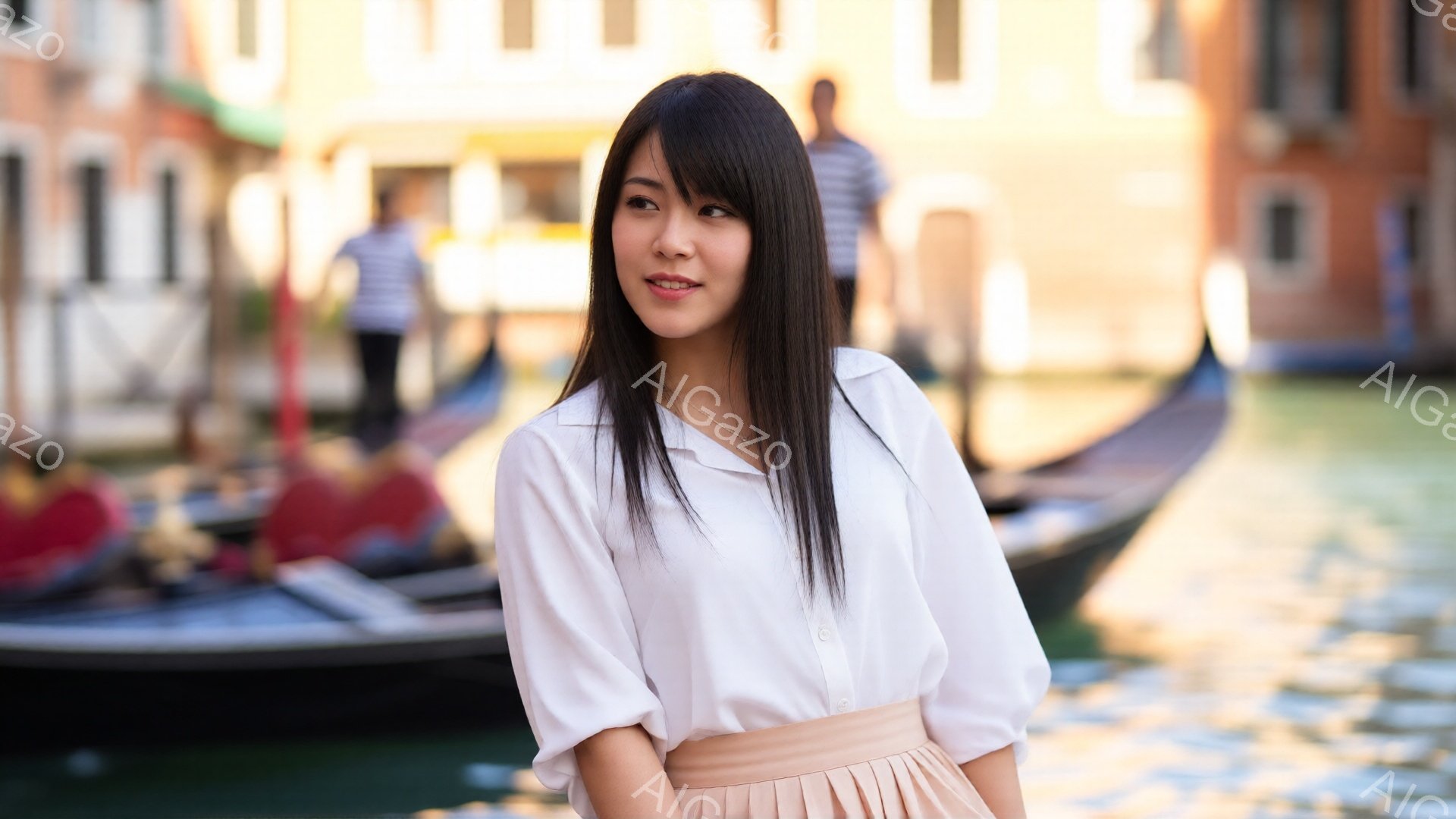 長い黒髪をセンターパートにした女性が、白いブラウスと淡いピンク色のスカートを身に着けている。彼女は少し微笑み、穏やかな表情でこちらを見ている。背景には、運河とゴンドラ、カラフルな建物があり、水面に反射 - AI生成フリー素材