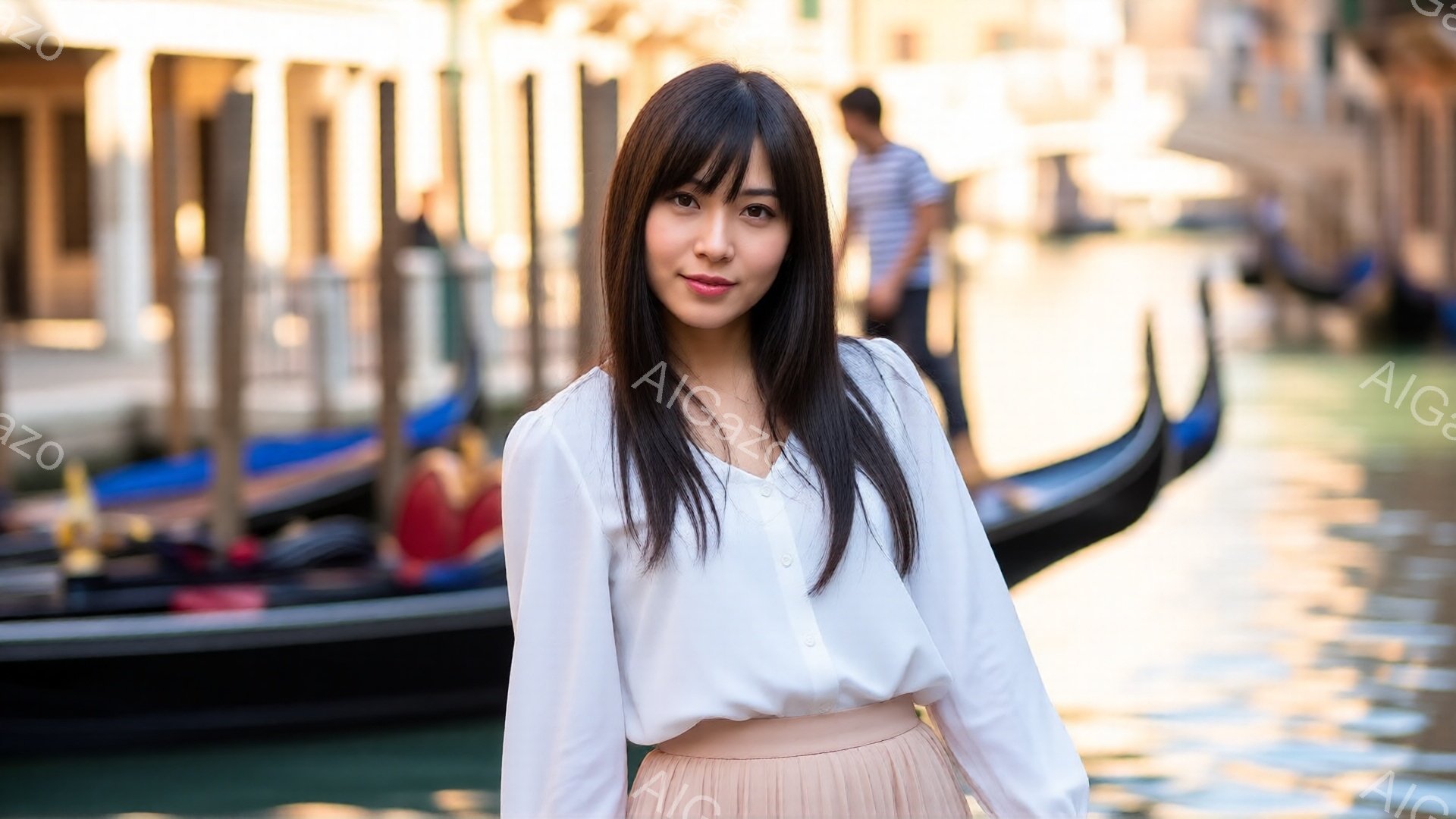 長い黒髪をセンターパートにした女性が、白いブラウスと薄いピンク色のスカートを身に着けて立っている。彼女はわずかに微笑み、カメラの方をまっすぐ見ている。背景には、運河とゴンドラ、そしてぼやけた建物が見え - AI生成フリー素材