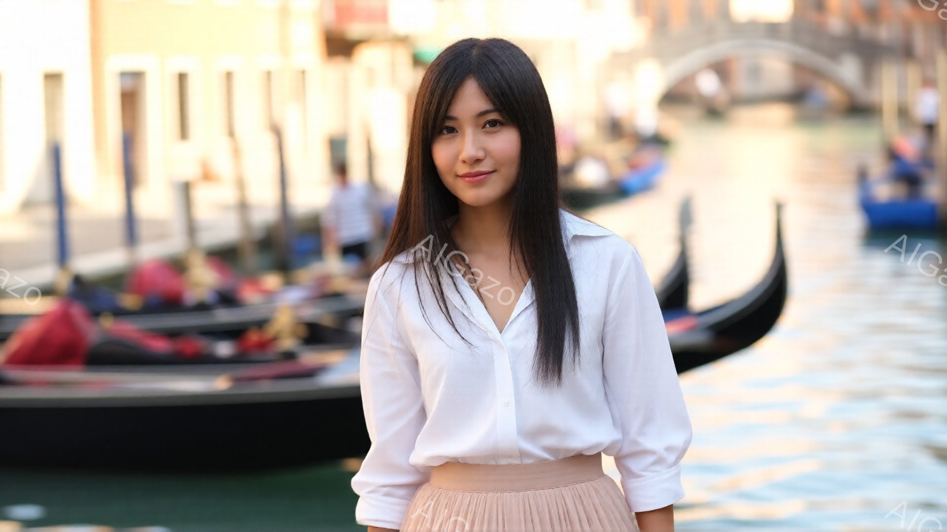 長い黒髪をストレートに下ろした女性が、白いシャツと薄いピンク色のスカートを着て立っています。彼女は少し微笑んでおり、リラックスした雰囲気です。背景にはヴェネツィアの運河とゴンドラ、そしてぼやけた建物が - AI生成フリー素材