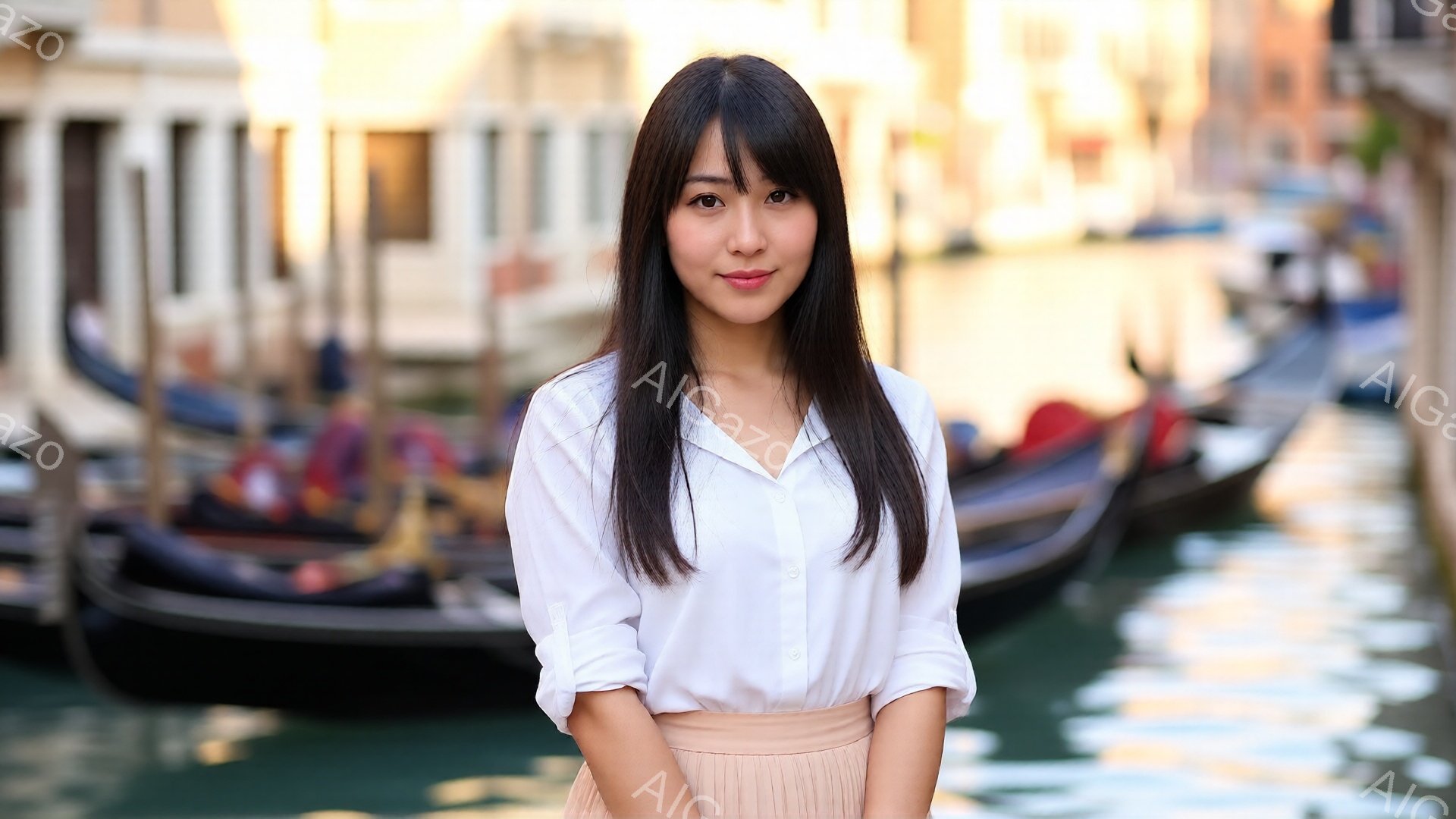 長い黒髪をセンターパートにした女性が、白いシャツと薄いピンクのスカートを着て立っています。穏やかな笑顔を浮かべ、カメラに向かってわずかに微笑んでいます。背景にはヴェネツィアの運河とゴンドラが並び、水面 - AI生成フリー素材