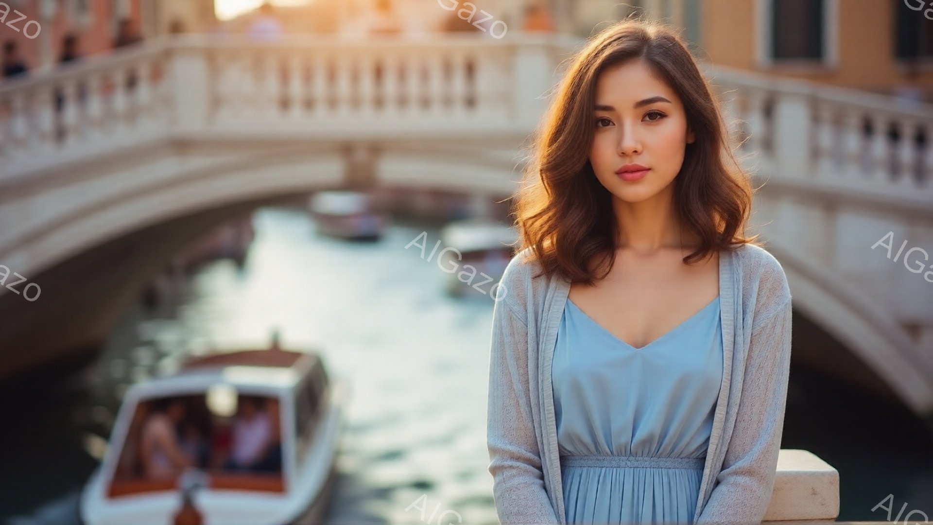 長い茶色の髪を肩にかけた女性が、水路の橋の上で正面を見据えています。彼女は水色のドレスの上にグレーのカーディガンを着ており、穏やかで少し憂いのある表情を浮かべています。背景には、イタリアのヴェネツィアを思わせる運河と建物、そして穏やかな光が差し込む天候が見られます。