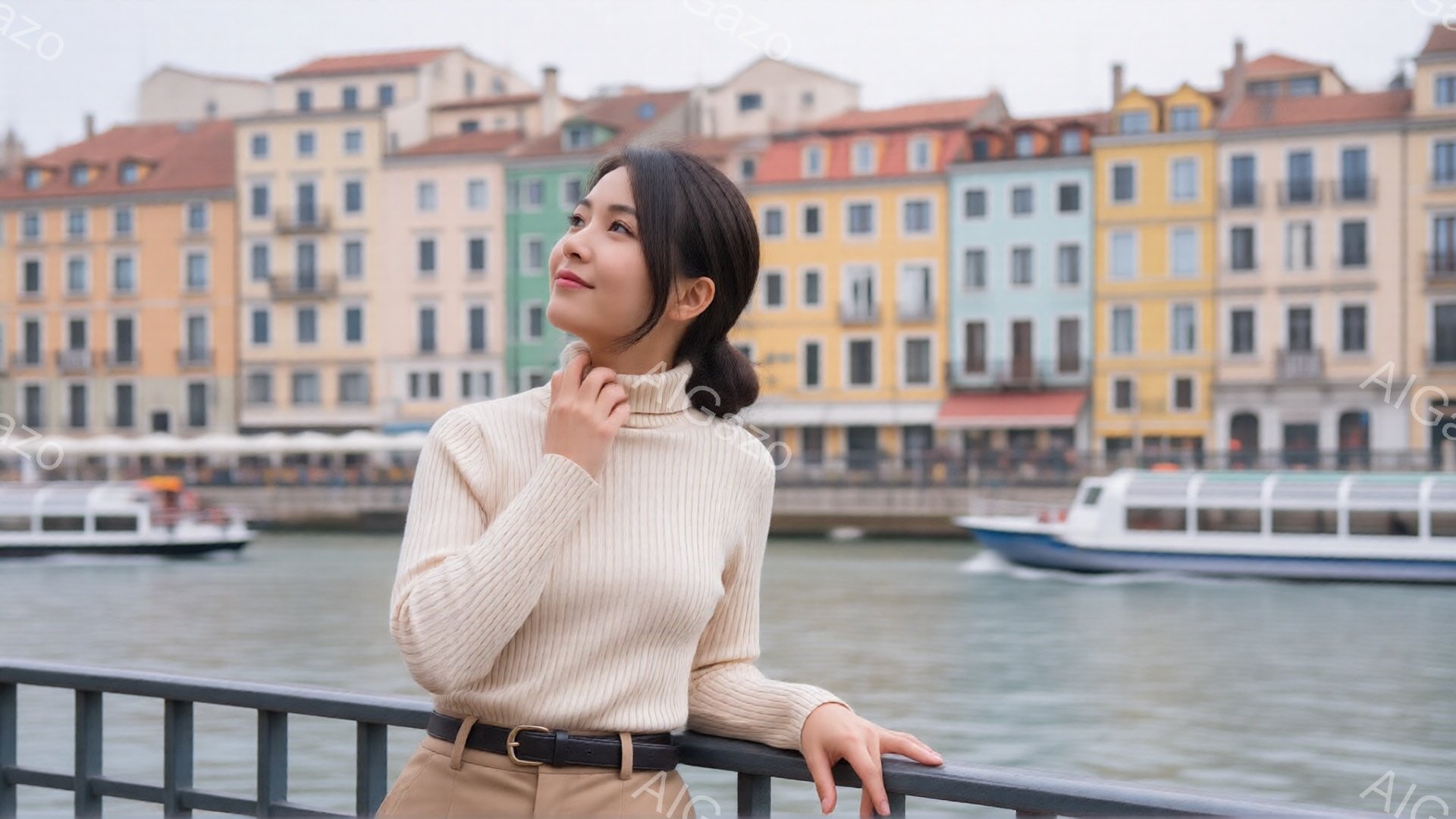浅いベージュのニットセーターにキャメル色のパンツを着用した女性が、欄干にもたれかかり、遠くを見つめています。彼女はダークブラウンの髪を後ろでまとめたヘアスタイルで、穏やかで思慮深い表情をしています。背景にはカラフルな建物が立ち並び、灰色の水面を越えて、穏やかな水路と曇天が広がっています。