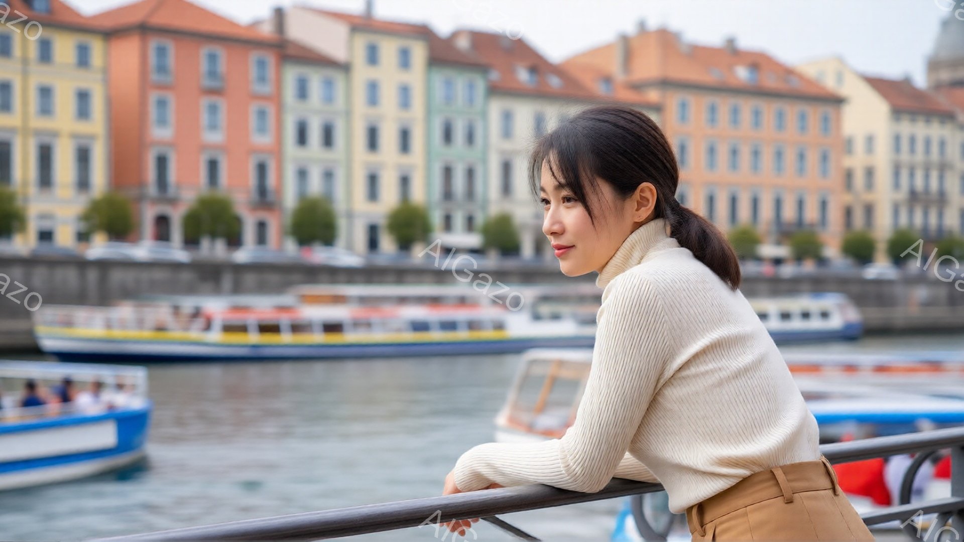 長い髪を後ろで一つに結んだ女性が、クリーム色のリブニットとキャメル色のパンツを身に着けています。彼女は欄干にもたれかかり、少し微笑みながら水路を見つめており、穏やかな表情を浮かべています。背景には、カ - AI生成フリー素材