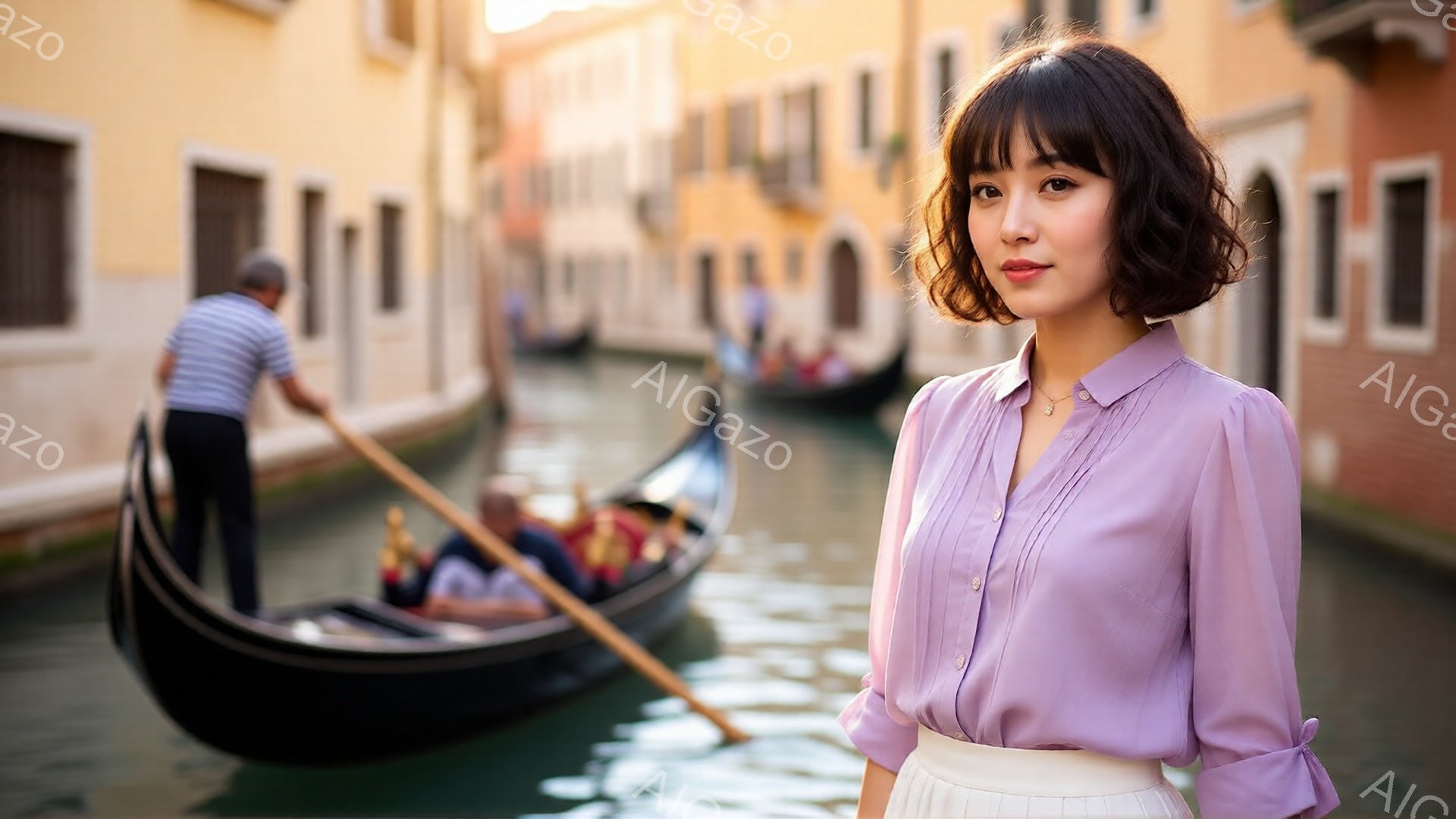 若い女性が、薄紫色のブラウスと白いスカートを身に着け、わずかに微笑んでいます。彼女はカメラに向かって立ち、自信に満ちた表情をしています。背景には、ヴェネツィアの運河とゴンドラ、そして古い建物が見え、晴 - AI生成フリー素材