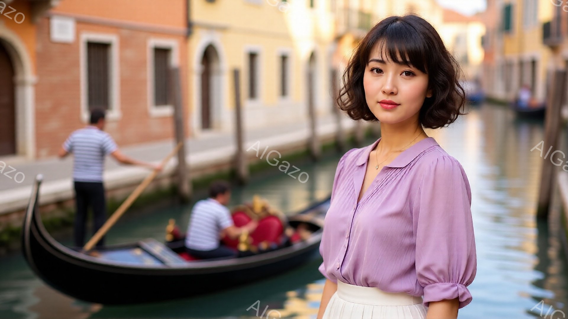 茶髪の女性が、薄紫色のブラウスとクリーム色のスカートを身につけ、穏やかな表情でカメラを見つめている。背景には、ヴェネツィアの運河とゴンドラ、そしてカラフルな建物がぼやけて写っており、暖かい日差しが水面 - AI生成フリー素材