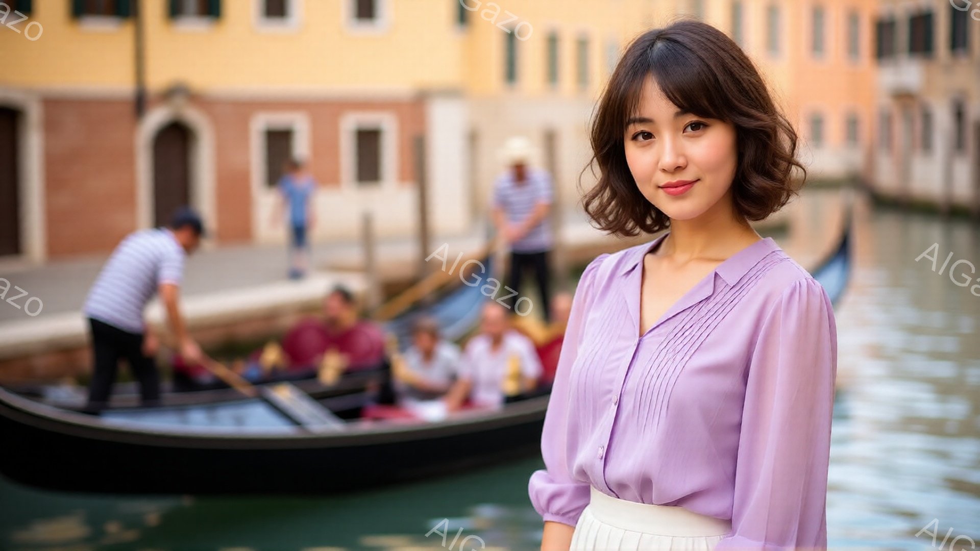 紫色のブラウスと白いスカートを着た女性が、ヴェネツィアの運河沿いに立っています。彼女は微笑んでおり、髪は肩までの中間レングスで軽くカールしています。背景にはゴンドラと、パステルカラーの建物が並び、穏や - AI生成フリー素材