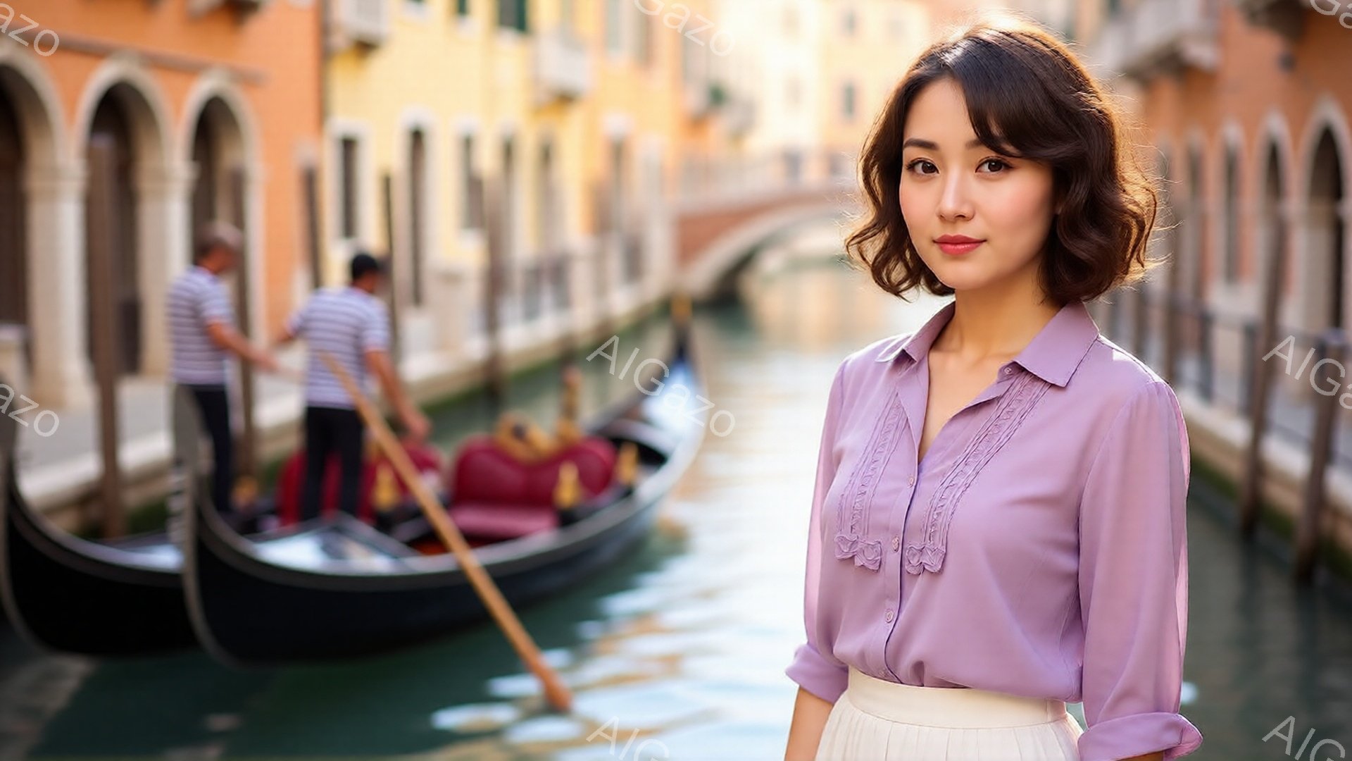 薄紫色のブラウスとオフホワイトのスカートを身につけた女性が、ヴェネツィアの運河沿いに立っている。彼女は微笑んでおり、少し内側に入ったショートヘアが特徴的だ。背景にはゴンドラや古い建物が並び、運河の水面 - AI生成フリー素材