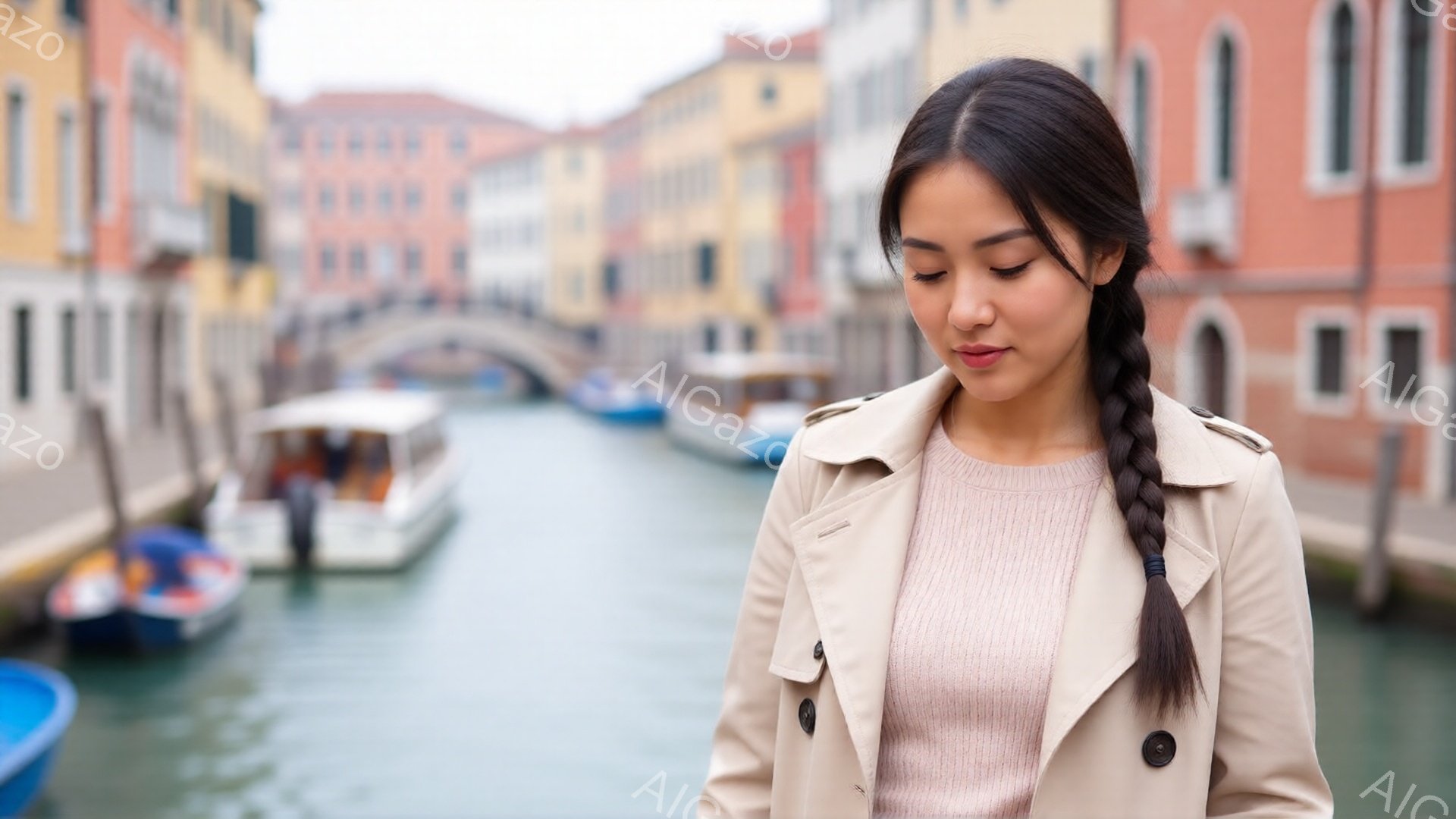 長い三つ編み髪をした女性が、ベージュのトレンチコートと薄いピンク色のセーターを着ています。彼女は少し下を見つめ、落ち着いた表情をしています。背景にはヴェネツィアの運河とカラフルな建物が並び、水上バスがゆっくりと進んでいます。