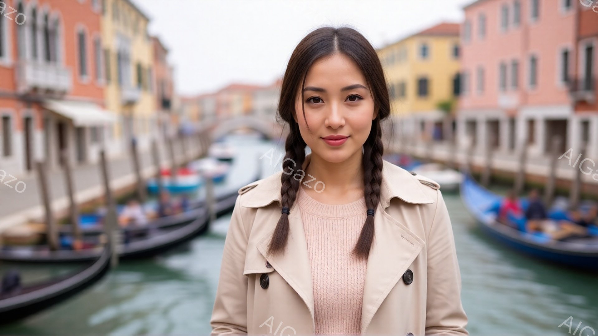 この女性は、ベージュ色のトレンチコートと薄いピンク色のセーターを着ており、2本の三つ編みが特徴です。彼女は正面を向いて微笑んでおり、リラックスした姿勢で立っています。背景には、ヴェネツィアの運河とゴン - AI生成フリー素材