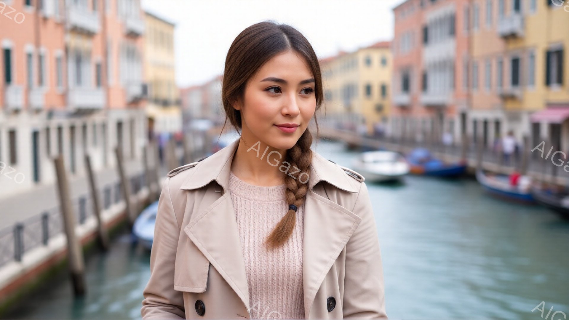 浅いベージュ色のセーターに、同じ色のトレンチコートを着た女性が写っています。髪は三つ編みにされ、穏やかな微笑みを浮かべて少し横を向いています。背景には、運河とカラフルな建物が並び、水面にはボートが浮か - AI生成フリー素材