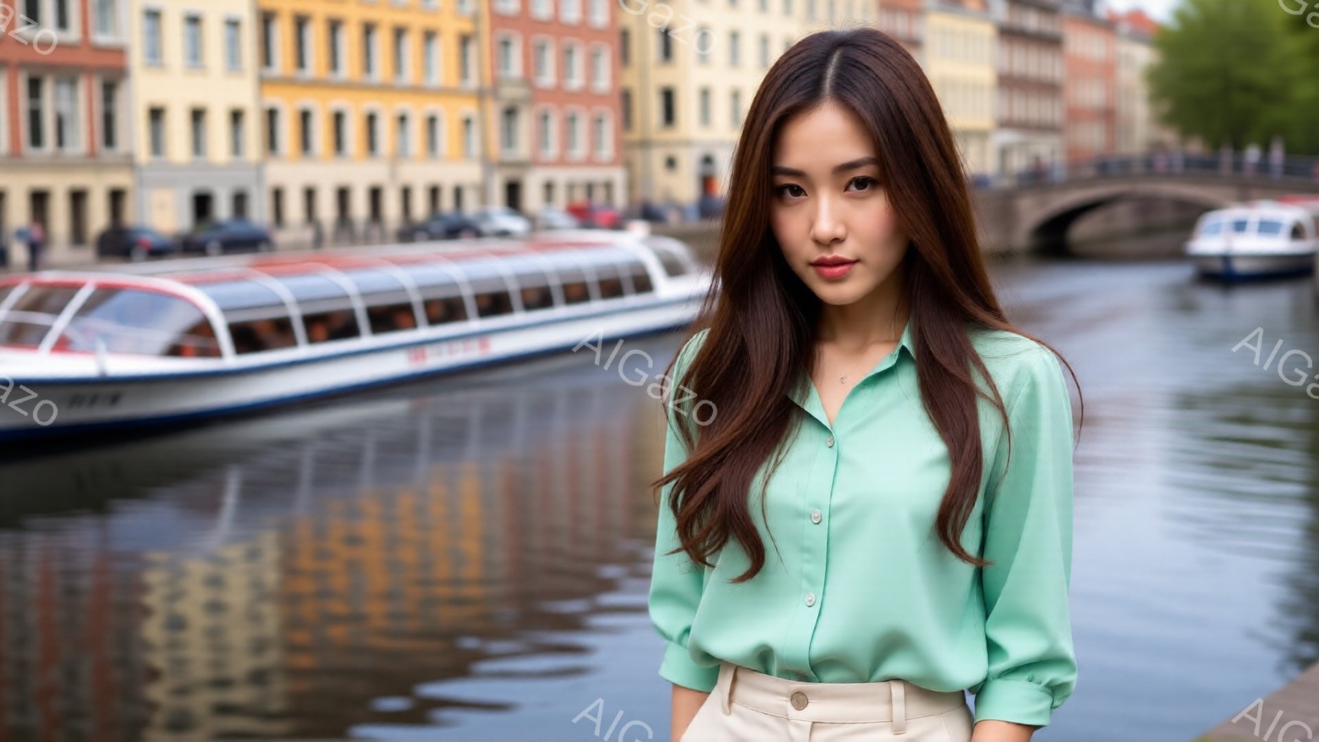 茶髪の女性が、ターコイズブルーのブラウスとベージュのパンツを身につけて立っている。彼女は微笑んでおり、髪は肩にかかる長さで、ややウェーブがかかっている。背景には、運河とカラフルな建物が見え、晴れた日の - AI生成フリー素材