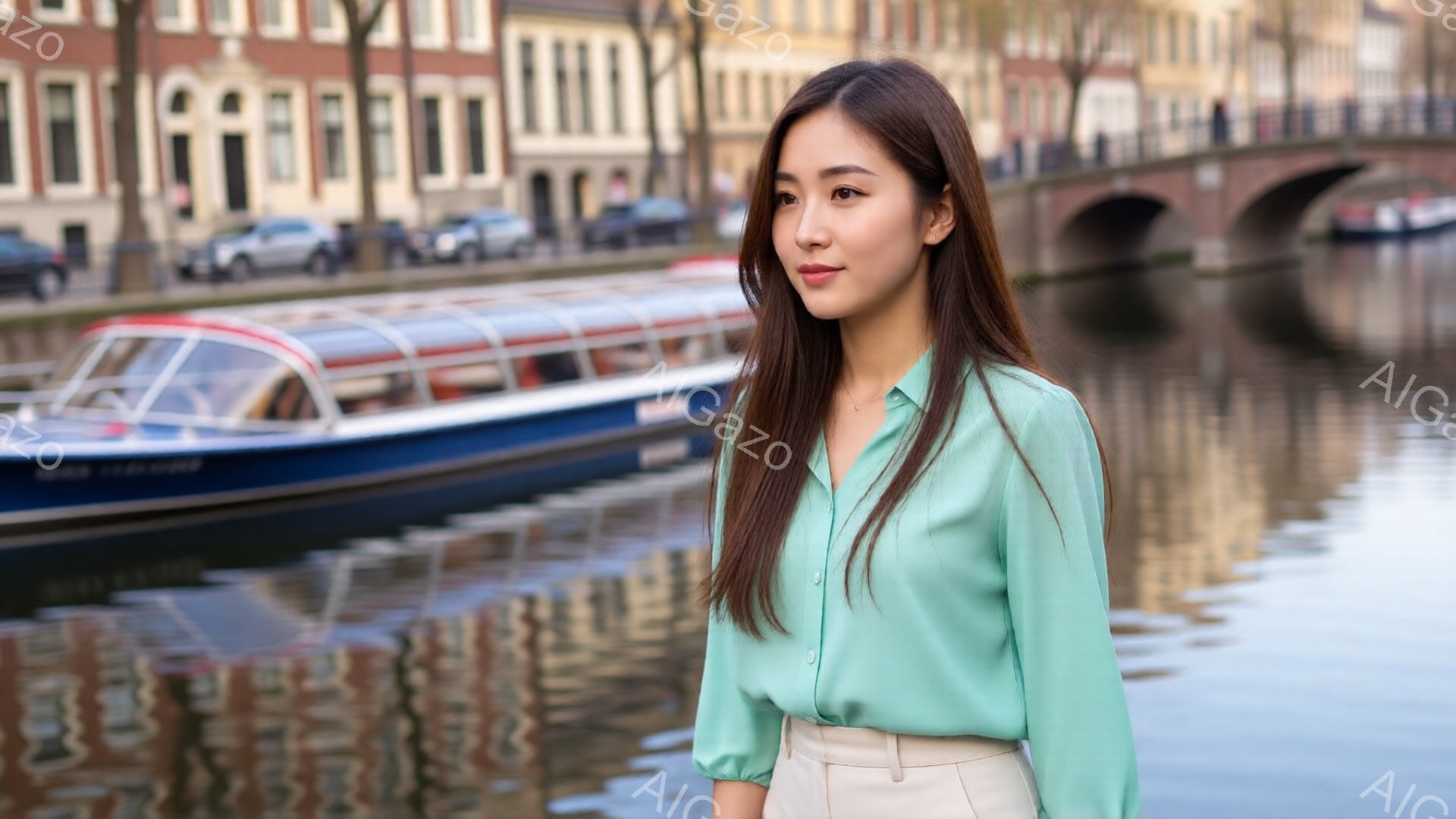 長い茶色のストレートヘアを肩にかけた女性が、ターコイズブルーのシャツとベージュのパンツを身に着けています。彼女はわずかに横を向き、穏やかな表情で遠くを見つめています。背景には運河とカラフルな建物がぼや - AI生成フリー素材