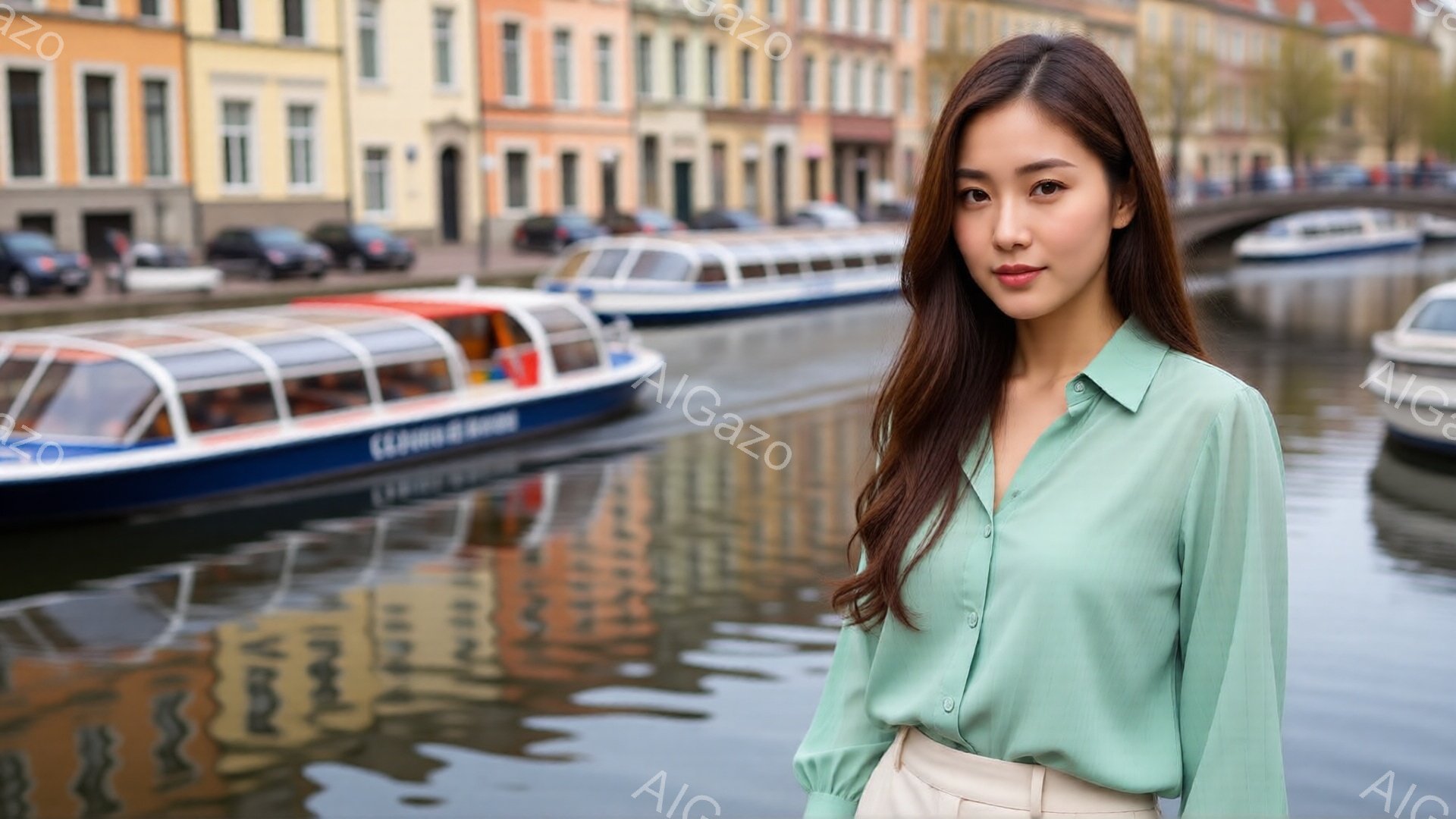 長い茶色の髪をなびかせた女性が、水路の前に立っています。彼女は薄い緑色のシャツとベージュのパンツを着用し、少し微笑んだ表情を浮かべています。背景にはカラフルな建物が並び、水面にはボートが浮かび、穏やかで平和な雰囲気が漂っています。