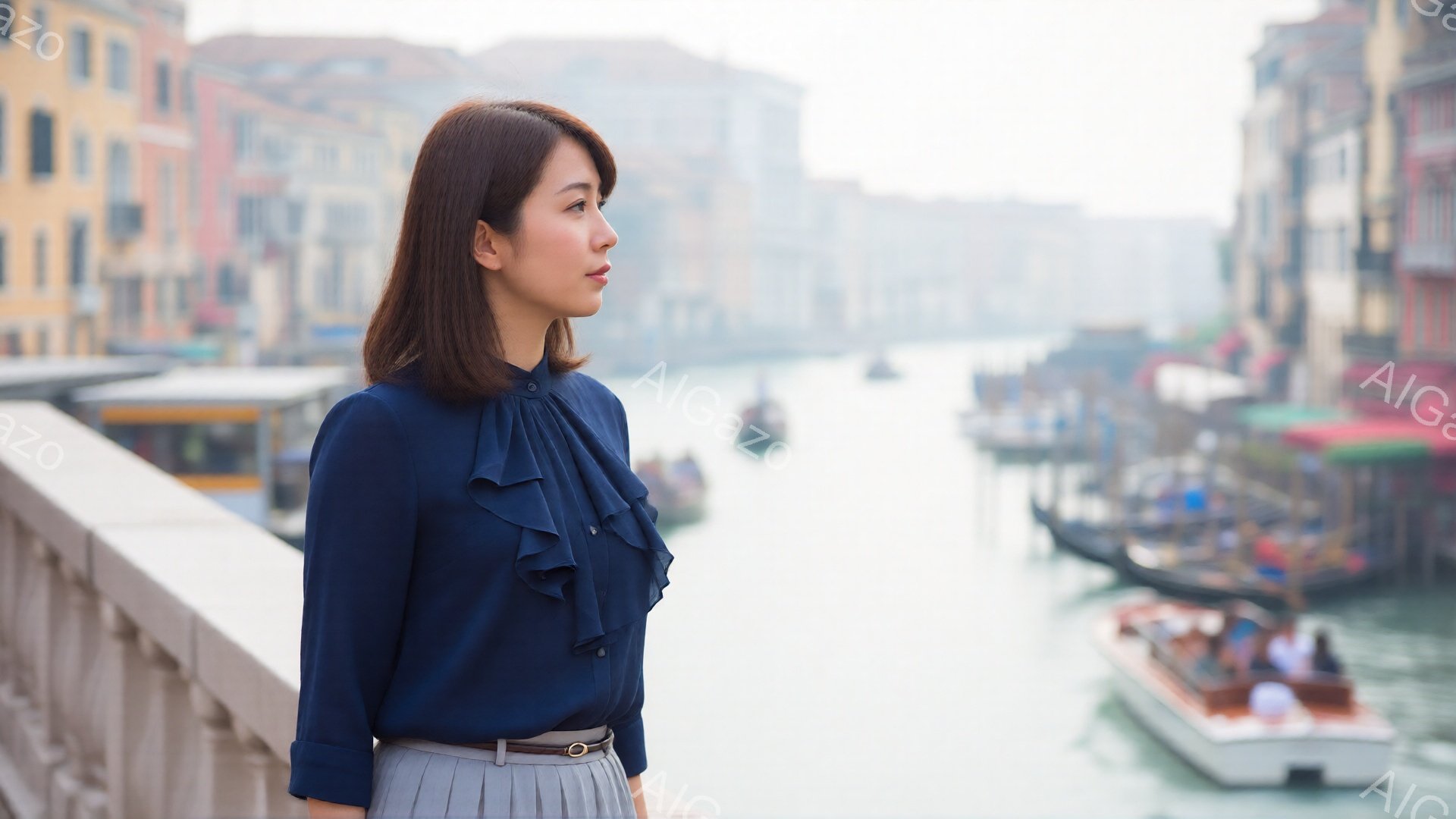 画像には、紺色のフリル襟のブラウスと灰色のスカートを着た女性が写っています。彼女は横向きに立っており、ヴェネツィアの運河を眺めています。背景には、カラフルな建物が並び、ゴンドラやボートが水面を滑る、穏 - AI生成フリー素材