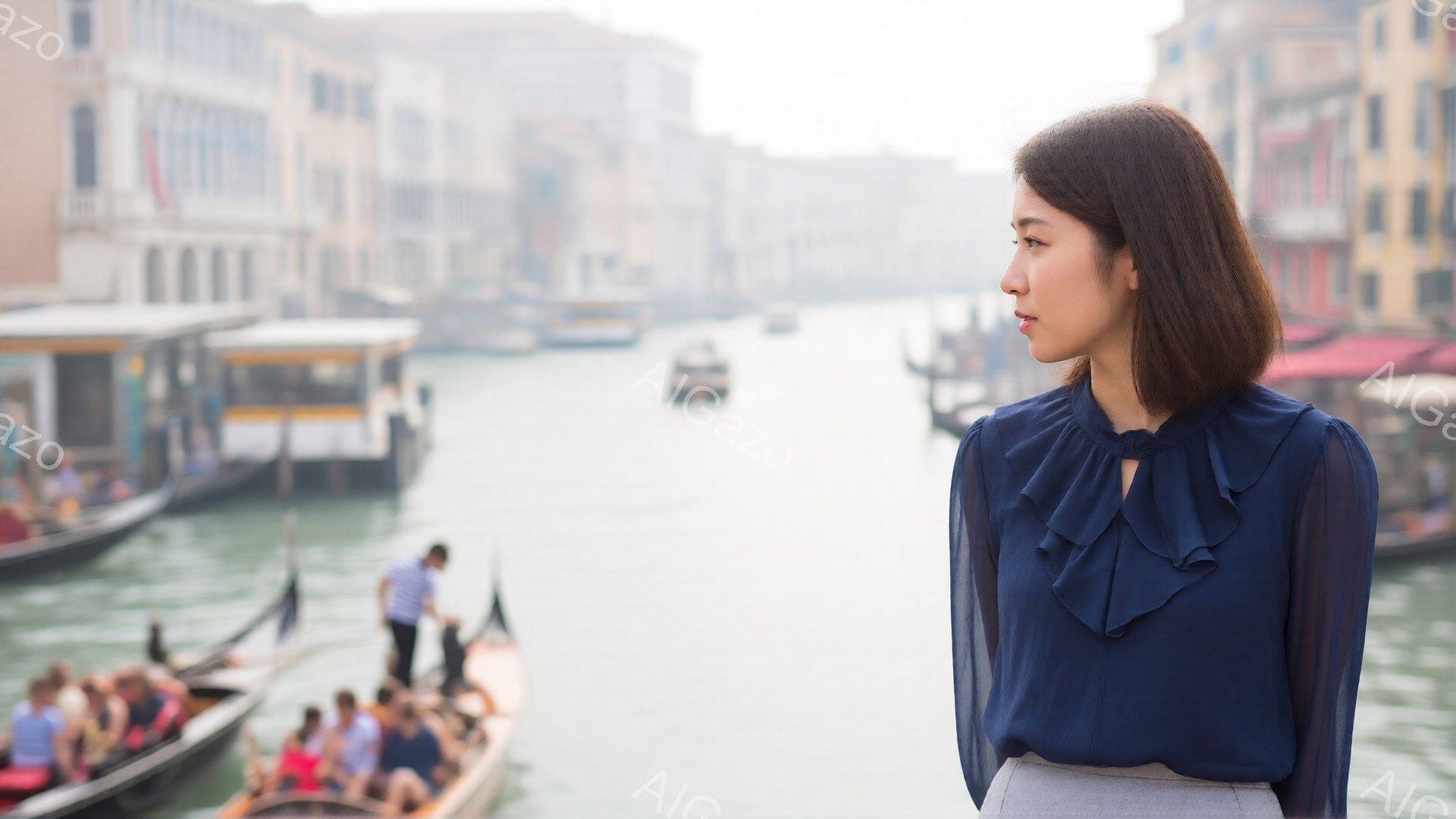 紺色のフリル付きブラウスとグレーのスカートを着た女性が、運河を背景に立っている。彼女は横顔で、やや憂いを帯びた表情をしており、リラックスした姿勢でこちらを見ていない。背景にはヴェネツィアの建物とゴンド - AI生成フリー素材