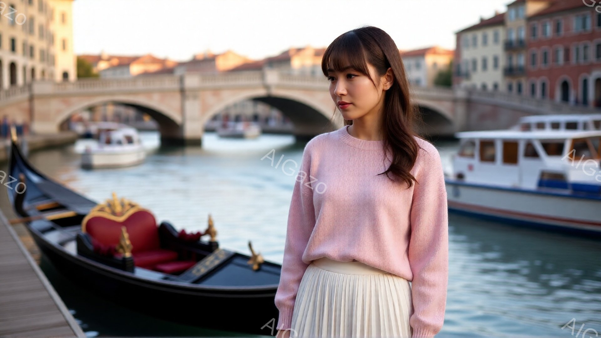 明るいピンク色のセーターと白のプリーツスカートを身につけた女性が写っています。彼女は少し微笑んでおり、黒髪をサイドパートにしています。背景には、運河とゴンドラ、そしてアーチ状の橋が連なり、穏やかで美しいヴェネツィアの風景が広がっています。