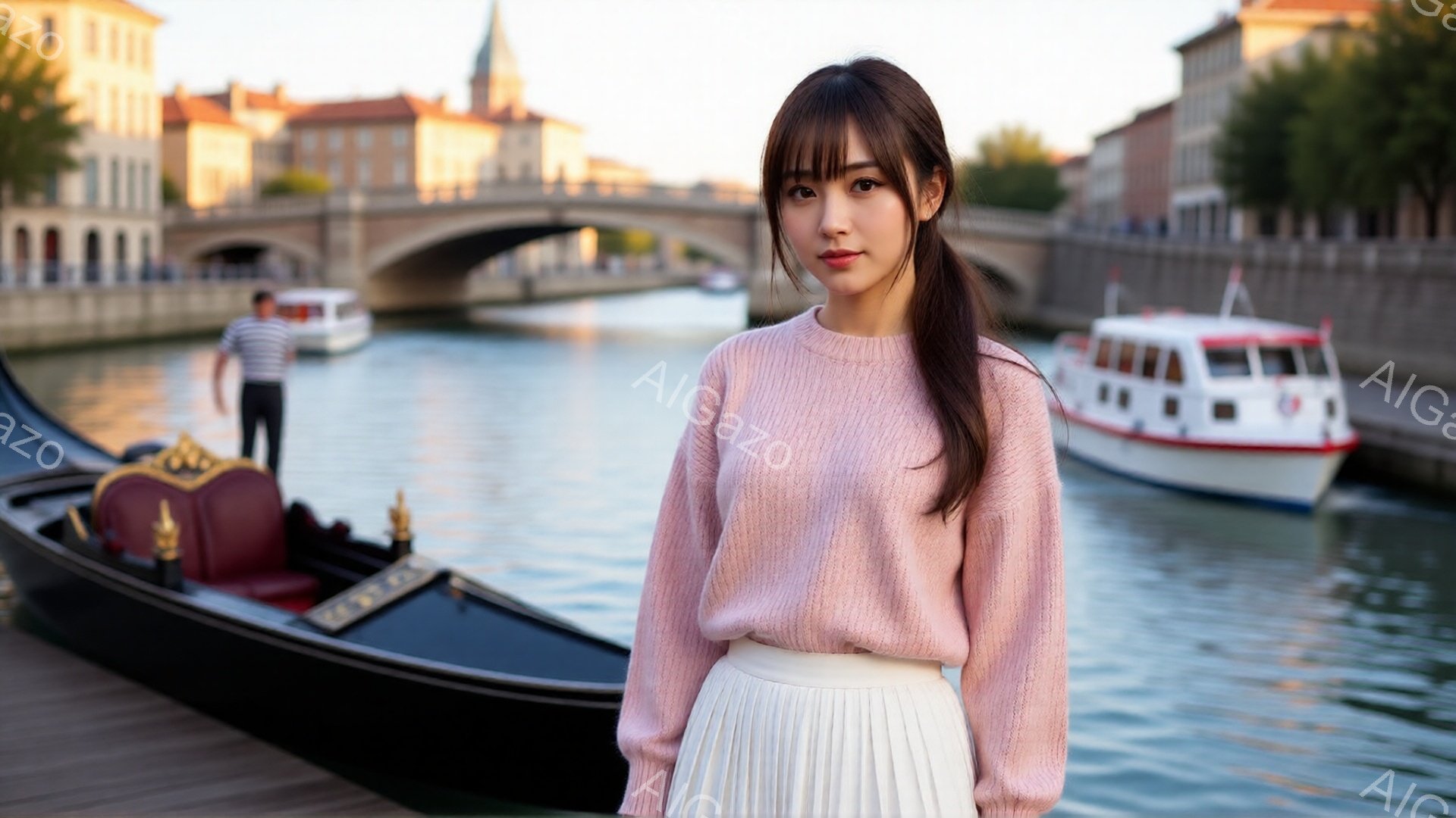 画像には、ピンク色のセーターと白いプリーツスカートを着用した若い女性が写っています。彼女は髪を後ろでポニーテールにし、やや微笑んだ表情をしています。背景には、運河、ボート、そして歴史的な建物が並び、穏やかで美しい雰囲気が漂っています。