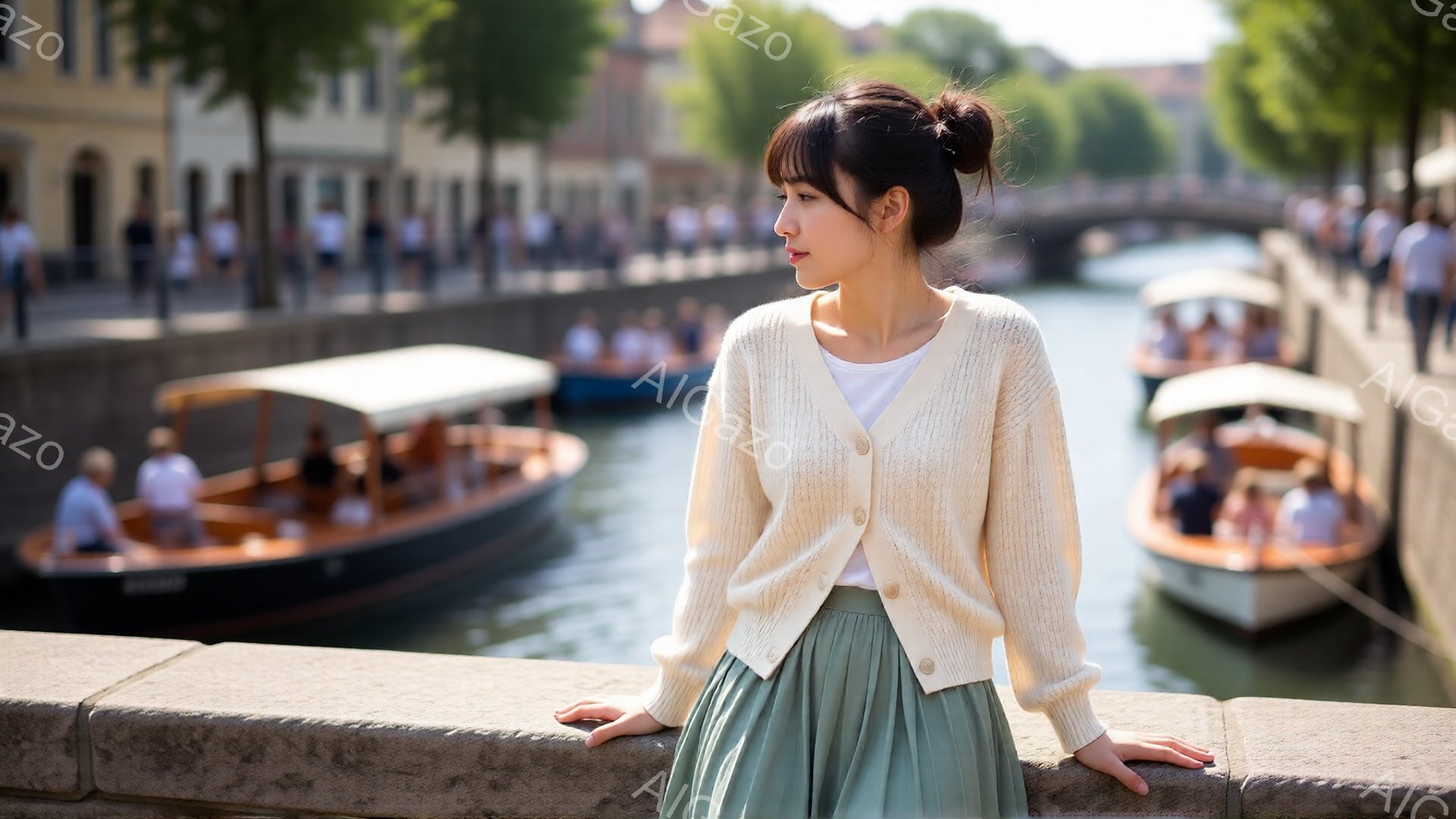 若い女性が運河の石垣に寄りかかり、遠くを見つめています。オフホワイトの編みカーディガンに、薄い緑色のスカートを合わせ、黒髪を後ろでまとめたヘアスタイルです。背景には、水上バスが運河を走り、石造りの建物が立ち並び、晴れた空の下、穏やかな雰囲気が漂っています。