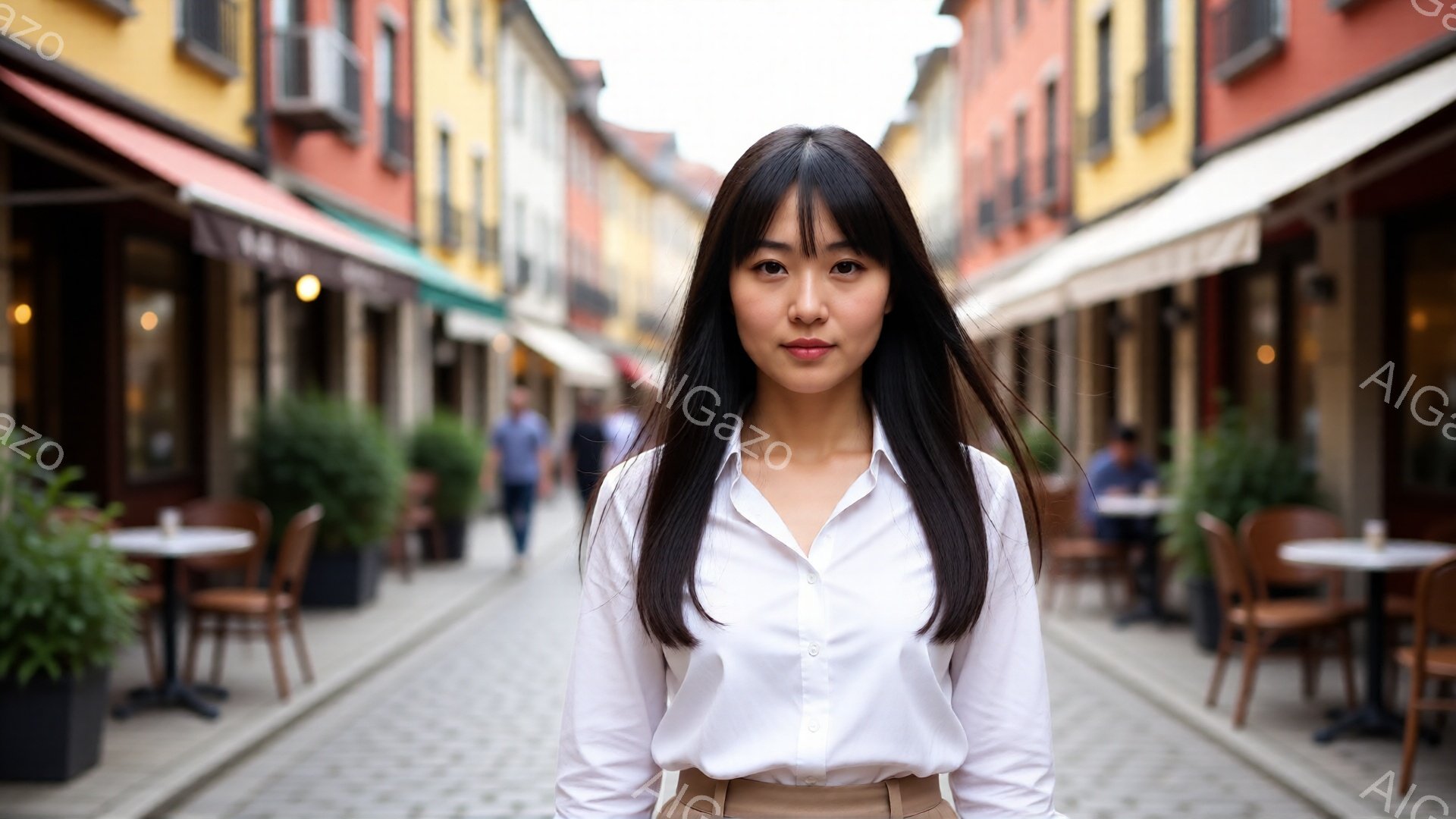 長い黒髪をセンターパートにした女性が、白いシャツとベージュ色のズボンを身につけて正面を向いています。彼女は穏やかな表情で、少し微笑んでいるように見えます。背景は石畳の道に沿ってカラフルな建物が並び、カ - AI生成フリー素材