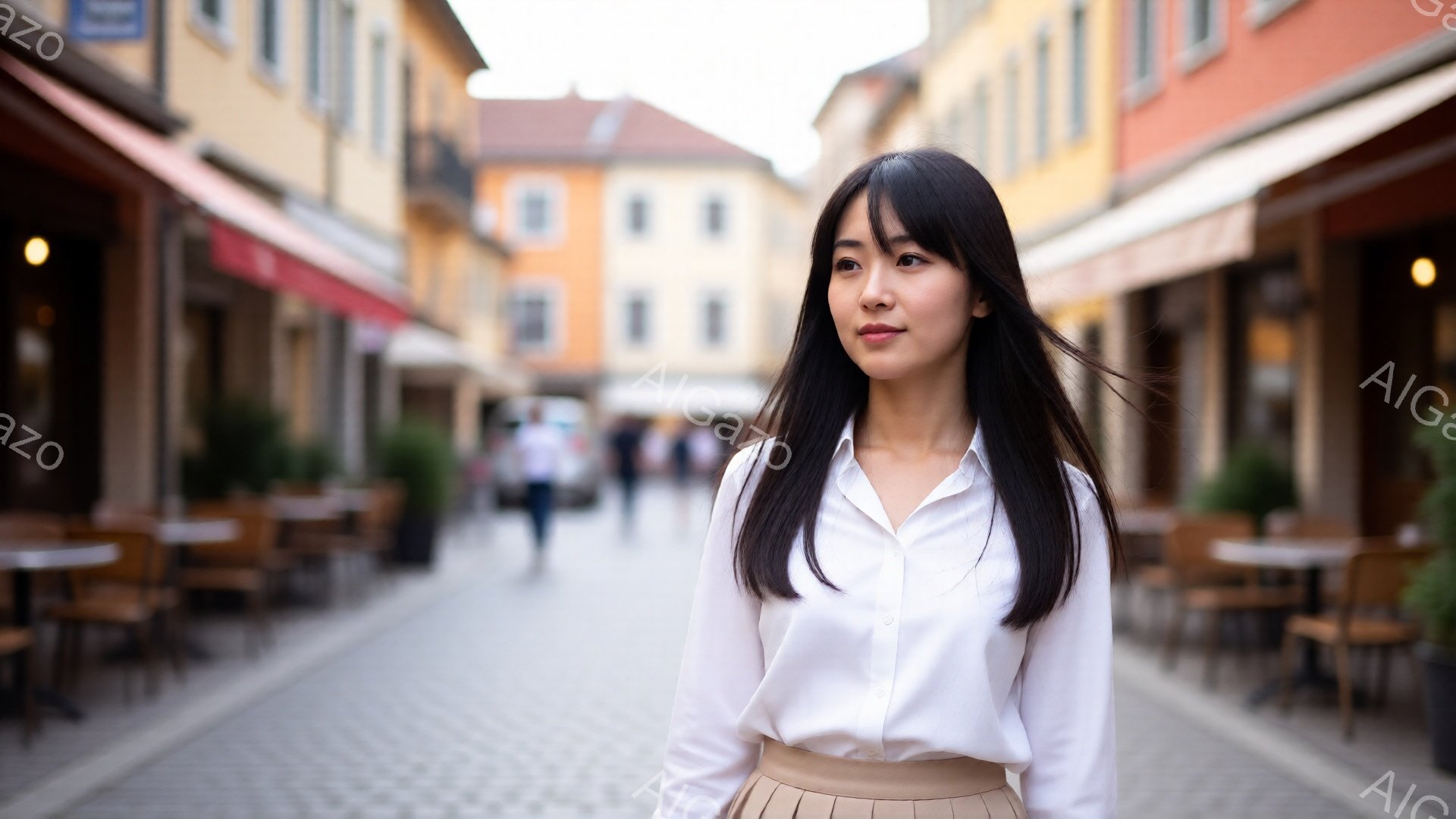 長い黒髪をなびかせた女性が、石畳の道に面した通りで正面を見据えています。白のシャツにベージュのスカートを着用し、少し微笑んだ表情で落ち着いた雰囲気です。背景にはカラフルな建物が立ち並び、石畳の道沿いに - AI生成フリー素材