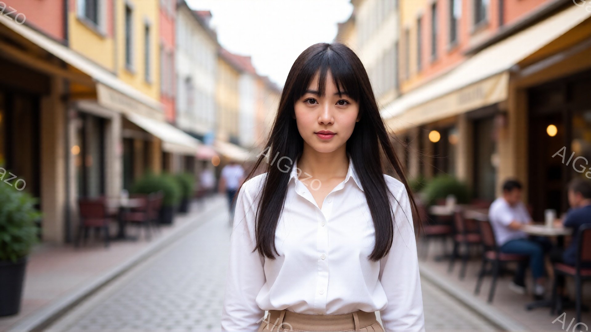 黒髪を長く伸ばした女性が、白いシャツとベージュ色のパンツを着用して正面を向いています。彼女は落ち着いた表情で、視線をカメラに向けています。背景には石畳の道とカラフルな建物が並び、カフェのテーブルと椅子 - AI生成フリー素材