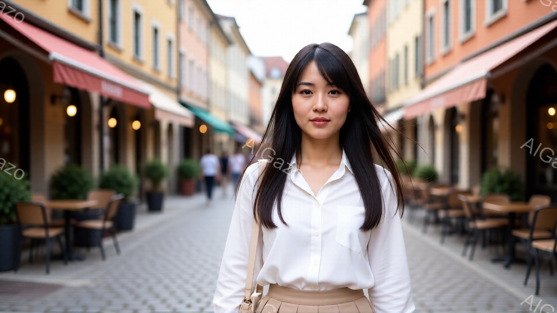 長い黒髪をセンターパートにした女性が、白いシャツとベージュのスカートを身につけ、肩から斜めがけにしたバッグを掛けて正面を見つめています。彼女は少し微笑んでおり、自信に満ちた表情をしています。背景には、 - AI生成フリー素材