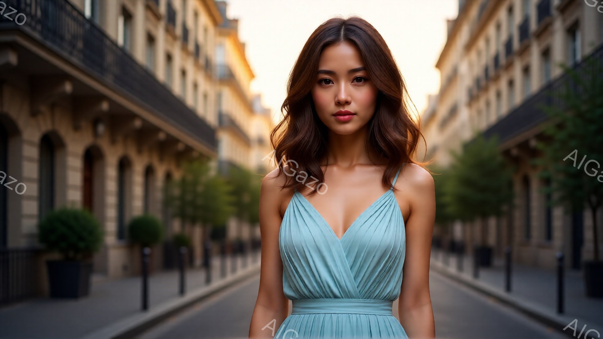 若い女性がパリの通りに立っており、ターコイズブルーのVネックのドレスを着ています。彼女は髪を軽くカールさせて肩にかかり、自信に満ちた表情をしています。背景には、左右に整然と並んだ歴史的な建物が見え、夕暮れ時の柔らかな光が全体を包み込んでいます。