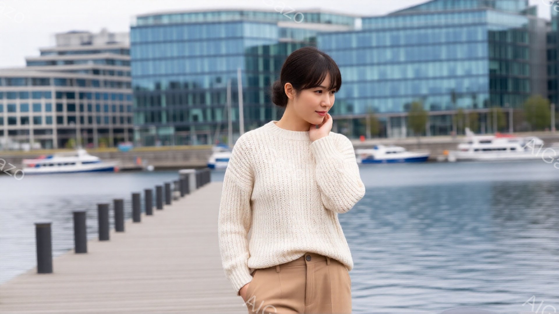 白いざっくりとしたニットとベージュのパンツを身につけた女性が、桟橋の上を歩いている。彼女は軽く顎に手を当て、少し微笑んだ表情で、穏やかな雰囲気を醸し出している。背景にはモダンな建物と青い海が広がり、晴れた空の下、静かで洗練された印象を与える。