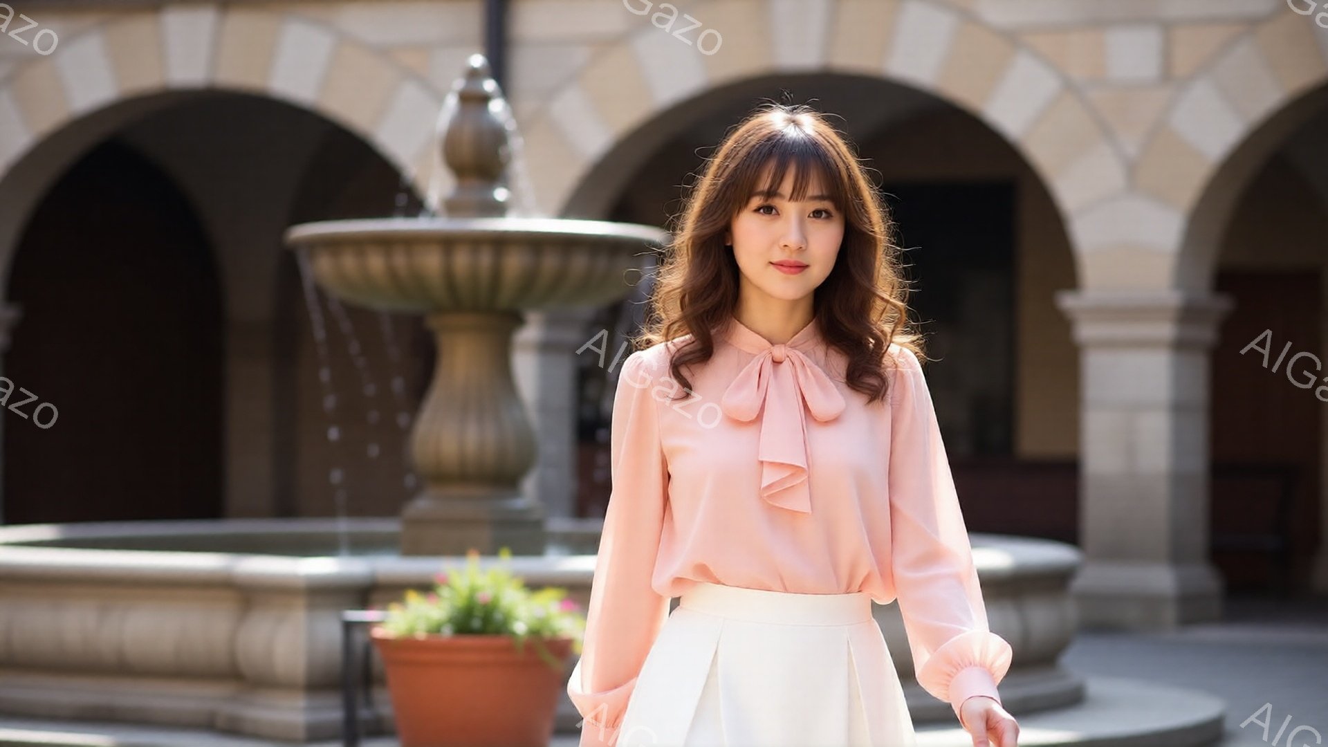 明るいピンク色のブラウスに白いスカートを身につけた女性が写っている。彼女は少し微笑み、リラックスした姿勢で正面を見ている。背景には石造りのアーチと噴水があり、晴れた日の穏やかな雰囲気を醸し出している。