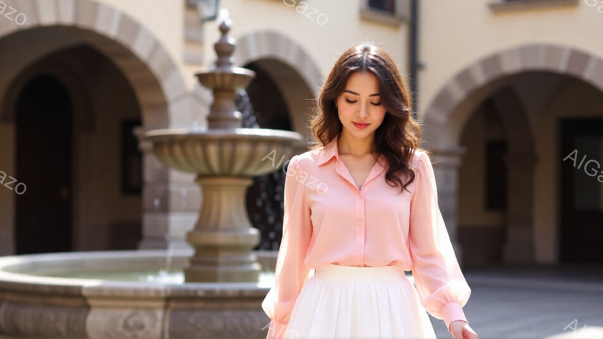 明るい日差しの下、女性がピンク色のブラウスと白いフレアスカートを身に着けて立っています。彼女は少し微笑んでおり、髪はゆるやかにウェーブがかかっています。背景には石造りの噴水とアーチ型の建物があり、全体的に穏やかで優雅な雰囲気が漂っています。