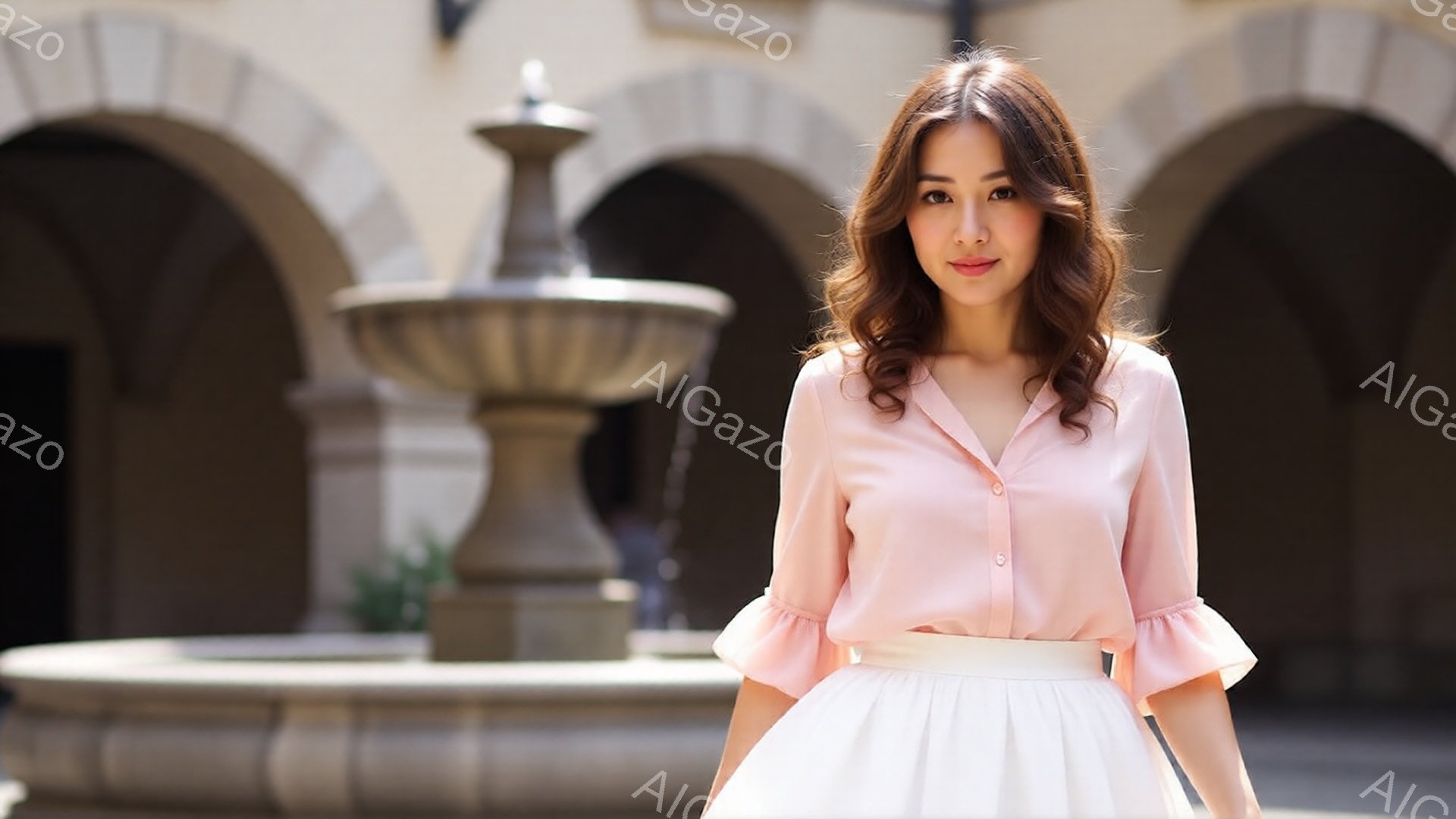 明るい日差しの下、女性がピンク色のブラウスと白いフレアスカートを身に着けて立っています。彼女は優雅な笑顔を浮かべ、髪は肩まで伸びたゆるいカールで、上品な印象を与えます。背景には石造りのアーチと噴水があり、クラシカルで落ち着いた雰囲気が漂います。
