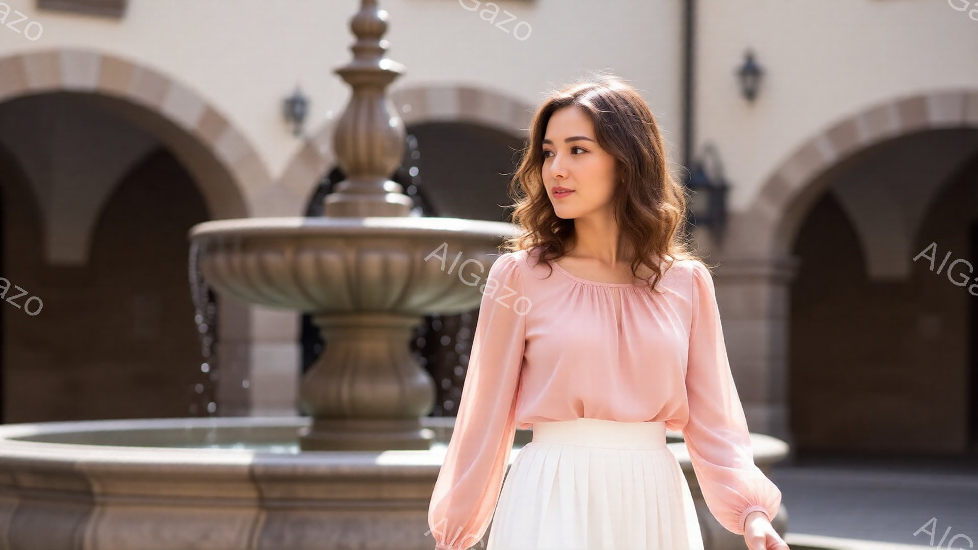 長い髪を軽く巻いた女性が、ピンク色のブラウスと白いスカートを身につけ、石造りの噴水の前に立っている。彼女は少し横を向いており、穏やかな表情で何かを考えているようだ。背景にはアーチ型の建物があり、晴れた空と明るい日差しが穏やかで上品な雰囲気を醸し出している。