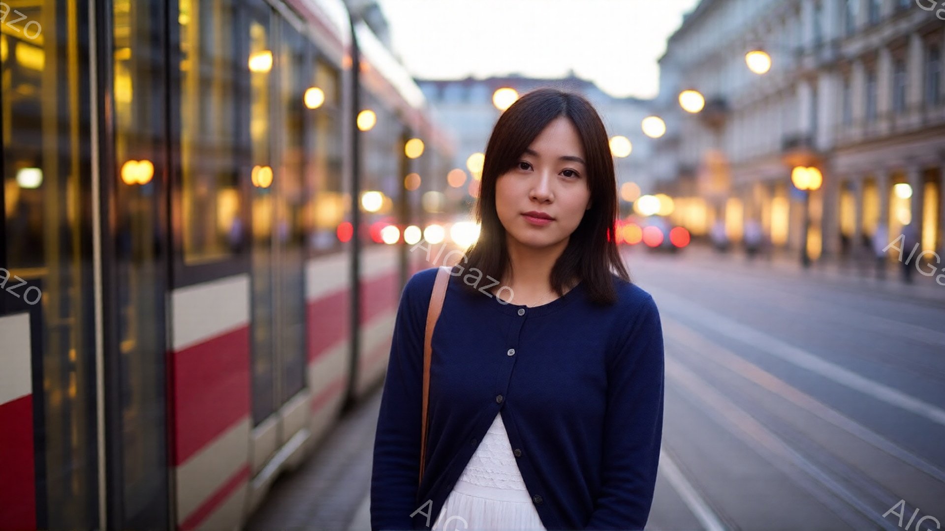 画像には、紺色のカーディガンを羽織り、白いレースのブラウスを着た若い女性が写っています。彼女はカメラの方をまっすぐ見ており、表情は穏やかで少し微笑んでいるようです。背景には、路面電車と、ぼやけた街並み - AI生成フリー素材