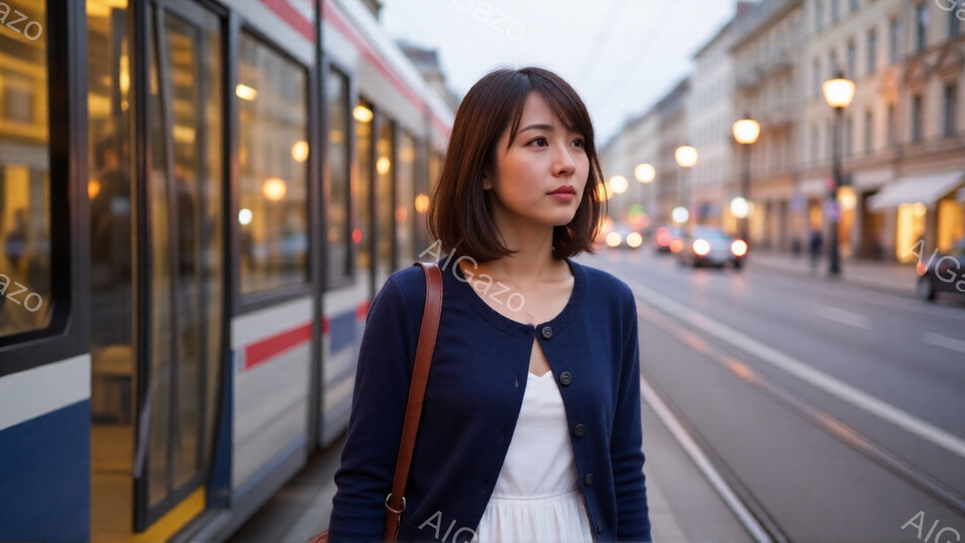 若い女性が紺色のカーディガンと白いワンピースを着て、道路の端に立っている。彼女は肩にストラップの付いたバッグを掛けており、少し憂いを含んだ表情で遠くを見つめている。背景には路面電車が並び、街灯が灯る夜 - AI生成フリー素材
