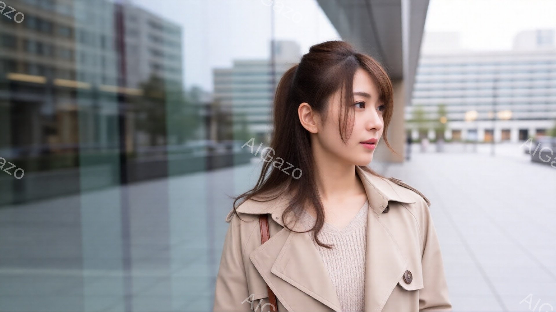 明るい茶色の髪を耳にかける女性が、ベージュ色のトレンチコートと薄いセーターを着ています。彼女は少し横を向き、遠くを見つめており、穏やかで物憂げな表情をしています。背景には近代的な建物が写り、曇り空の下、都会の風景が広がっています。