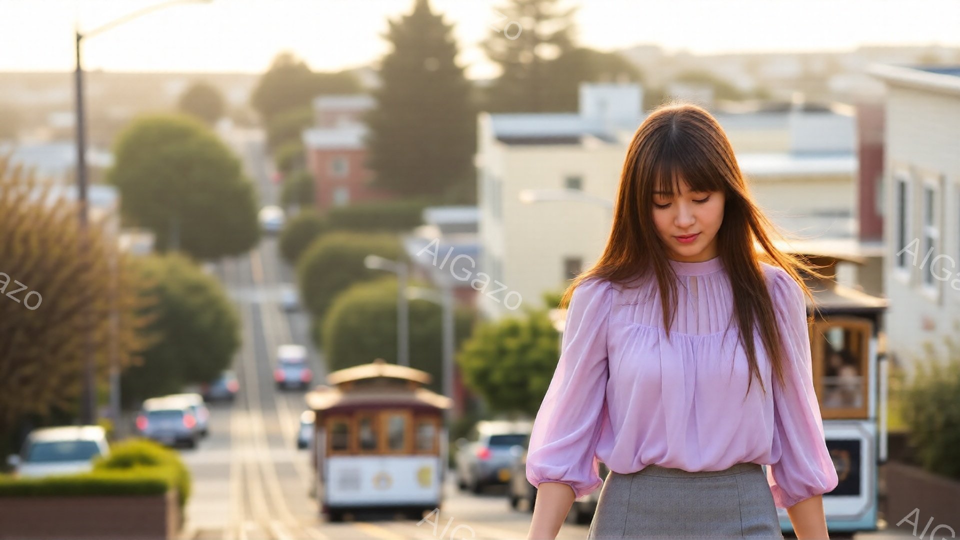 長い茶色の髪を持つ女性が、薄紫色のブラウスとグレーのスカートを着て立っている。彼女はわずかに顔を下げ、前を見つめているような姿勢で、表情は穏やかだ。背景には、坂道に沿って建ち並ぶ家々と、走る路面電車が見え、晴れた日の穏やかな雰囲気が漂っている。