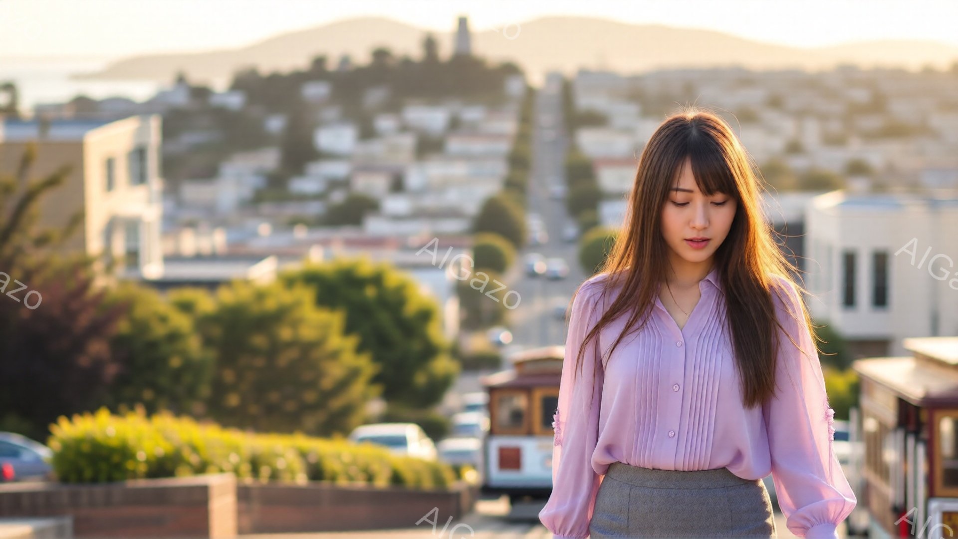 浅いピンク色のブラウスにグレーのスカートを身につけた女性が写っています。彼女は少しうつむき加減で、長くストレートな髪が肩にかかっています。背景には、住宅地が広がり、ケーブルカーが走る坂道が見え、晴れた空の下で穏やかな雰囲気です。