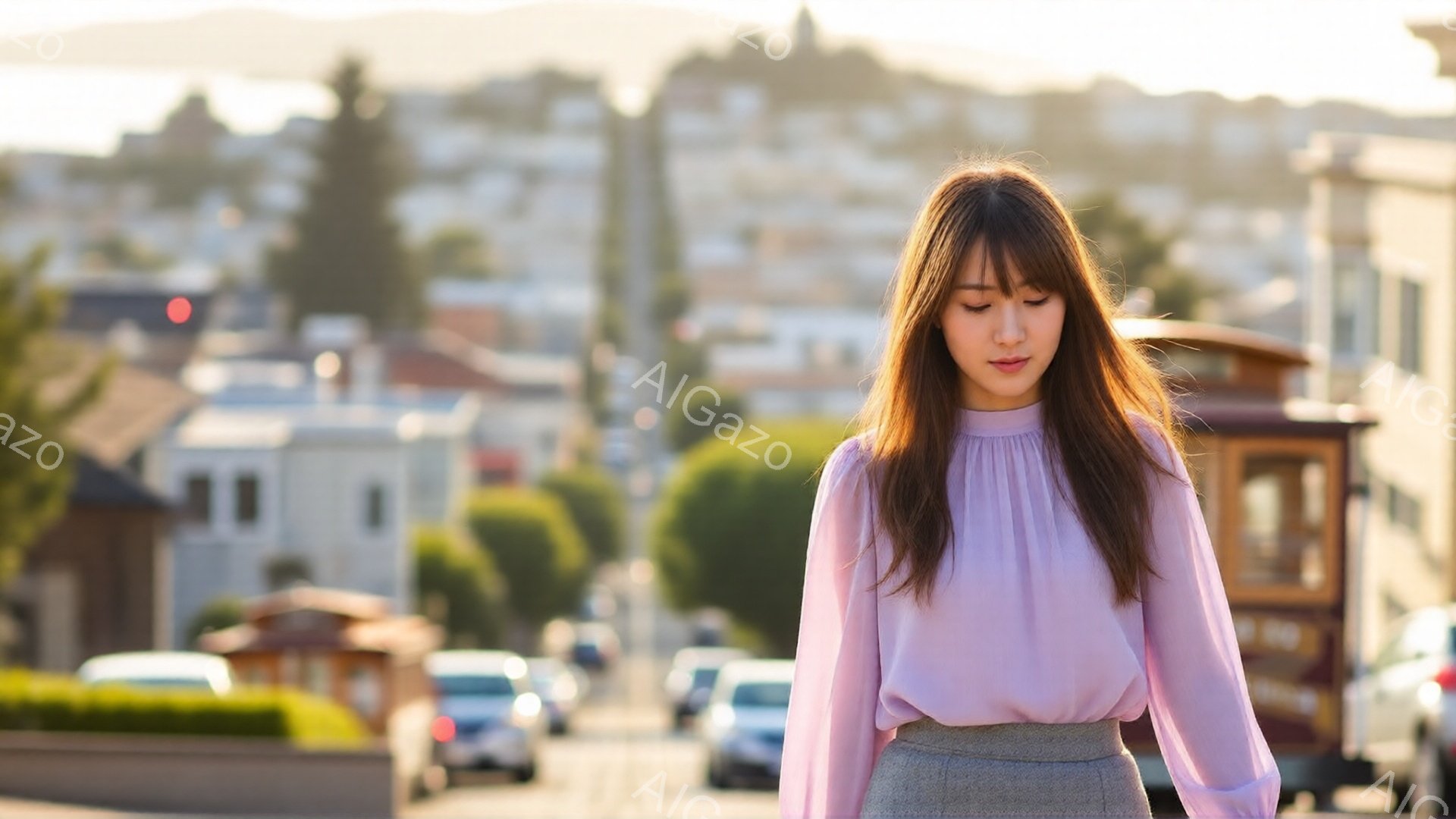 長い茶色の髪を持つ若い女性が、淡いピンク色のブラウスとグレーのスカートを着て立っている。彼女はわずかに下を向き、穏やかな表情をしている。背景には、カラフルな家々が立ち並ぶ坂道と、ぼやけた街並みが広がり、晴れた日の穏やかな雰囲気が漂っている。