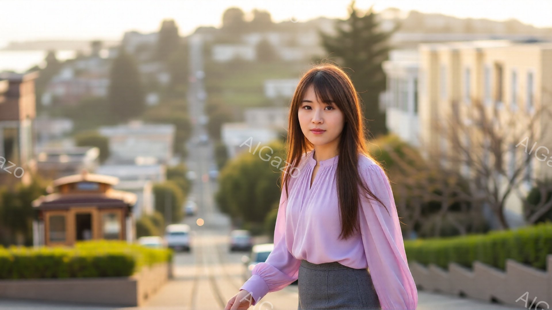 長い髪をなびかせた女性が、薄いピンク色のブラウスとグレーのスカートを身につけて立っている。彼女は少し微笑んでおり、穏やかな表情をしている。背景には、坂道と建物、そして緑豊かな植生が見え、暖かい光が全体を包み込み、平和で穏やかな雰囲気を醸し出している。