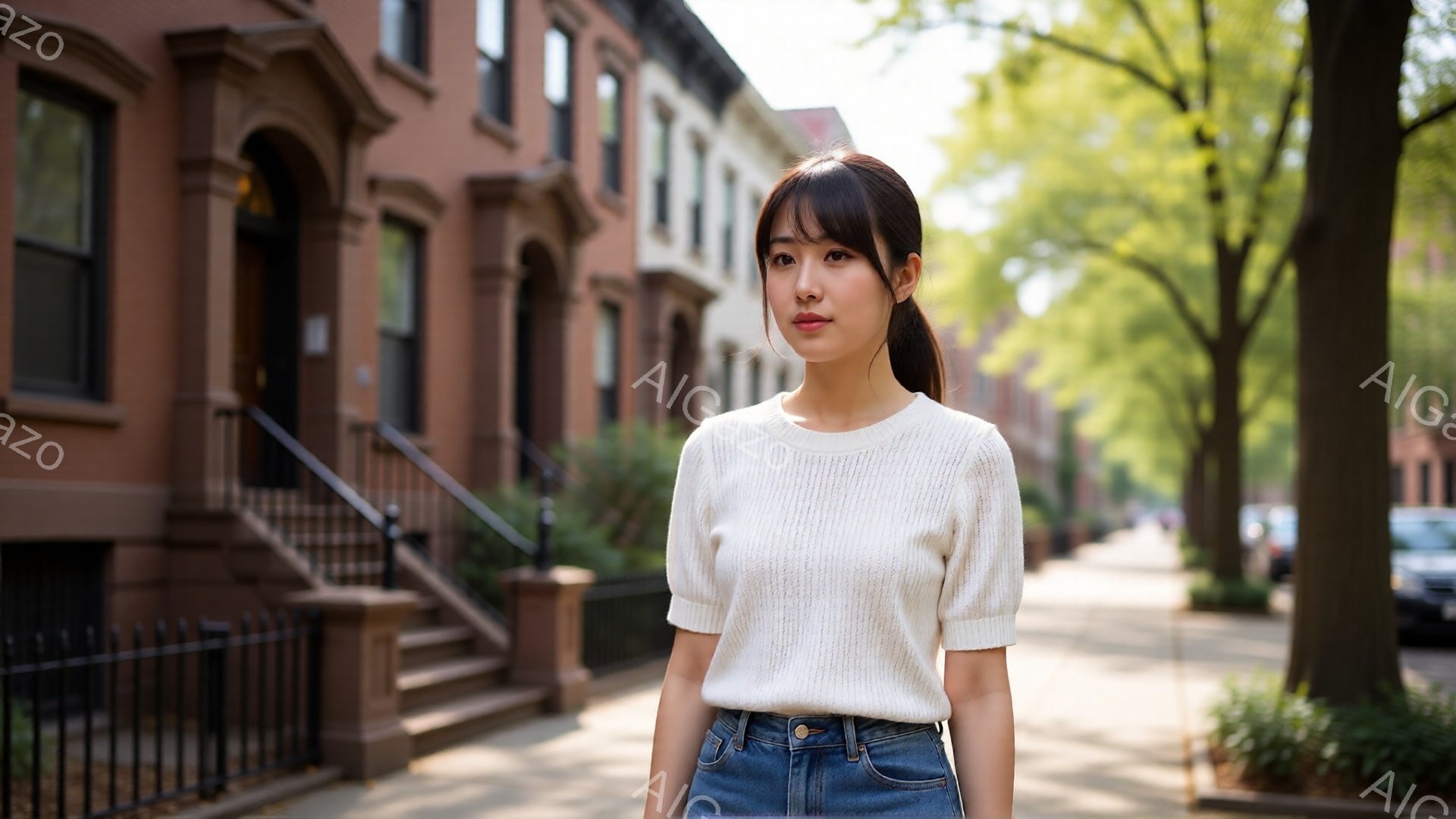 若い女性がレンガ造りの建物が並ぶ通りで正面を向いて立っている。彼女は白いセーターとデニムのジーンズを着ており、髪は後ろでポニーテールにまとめられている。背景には木々が生い茂り、晴れた日の穏やかな雰囲気が漂っている。