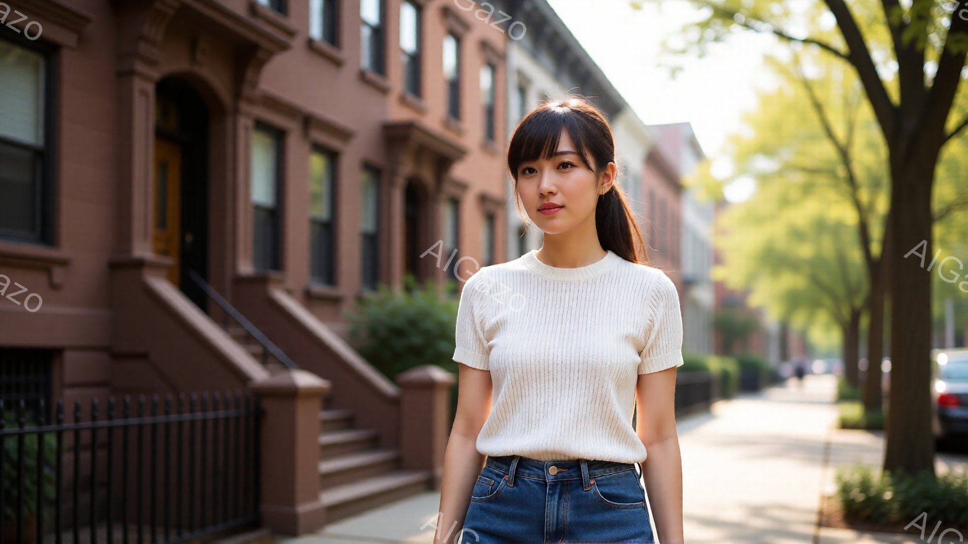 茶色のレンガ造りの建物が並ぶ通りで、若い女性が立っている。彼女は白いリブニットのトップスと、ハイウエストのデニムジーンズを着用し、ポニーテールにしている。日差しが柔らかく、背景には緑豊かな木々が見え、穏やかでカジュアルな雰囲気が漂っている。