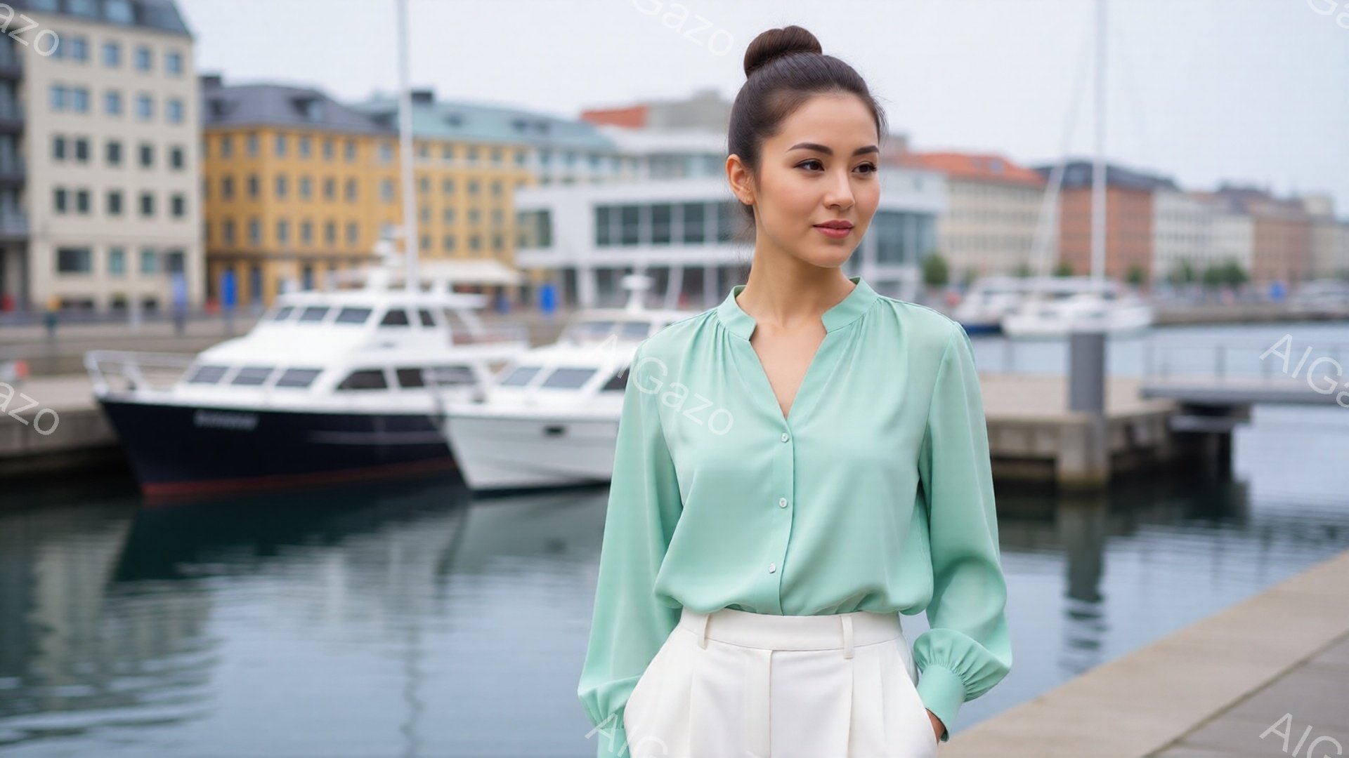 明るい緑色のブラウスと白いパンツを身に着けた女性が、港の遊歩道に立っている。彼女は髪を後ろでまとめ、穏やかな表情でカメラの方を見ている。背景にはカラフルな建物と停泊中のヨットが並び、水面は穏やかで、全 - AI生成フリー素材