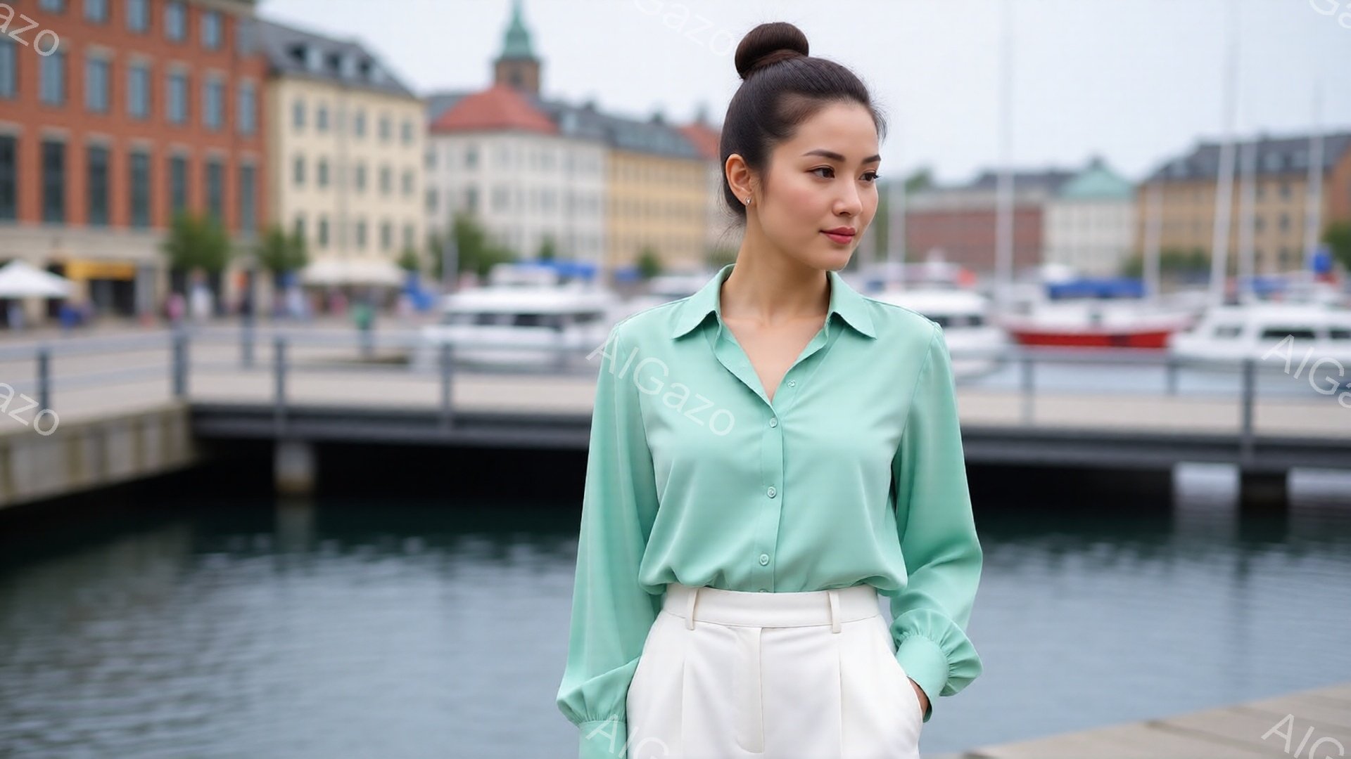 明るい緑色のブラウスと白のハイウエストパンツを着用した女性が、水辺の遊歩道を歩いています。彼女は髪を後ろでまとめ、やや横を向いて物憂げな表情を浮かべています。背景にはカラフルな建物と停泊中のヨットが並び、穏やかな天候で少し曇り空が広がっています。