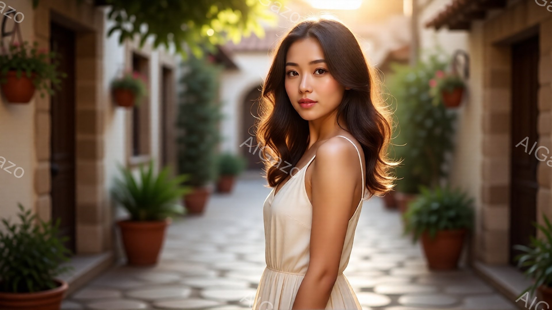 長い巻き毛の髪と自然なメイクの若い女性が、クリーム色のキャミソールワンピースを着て、石畳の道が続く路地でこちらを見ている。背景にはテラコッタの植木鉢が並び、建物の壁が続き、夕暮れ時の柔らかな光が差し込んでいる。全体的に穏やかでロマンチックな雰囲気が漂っている。