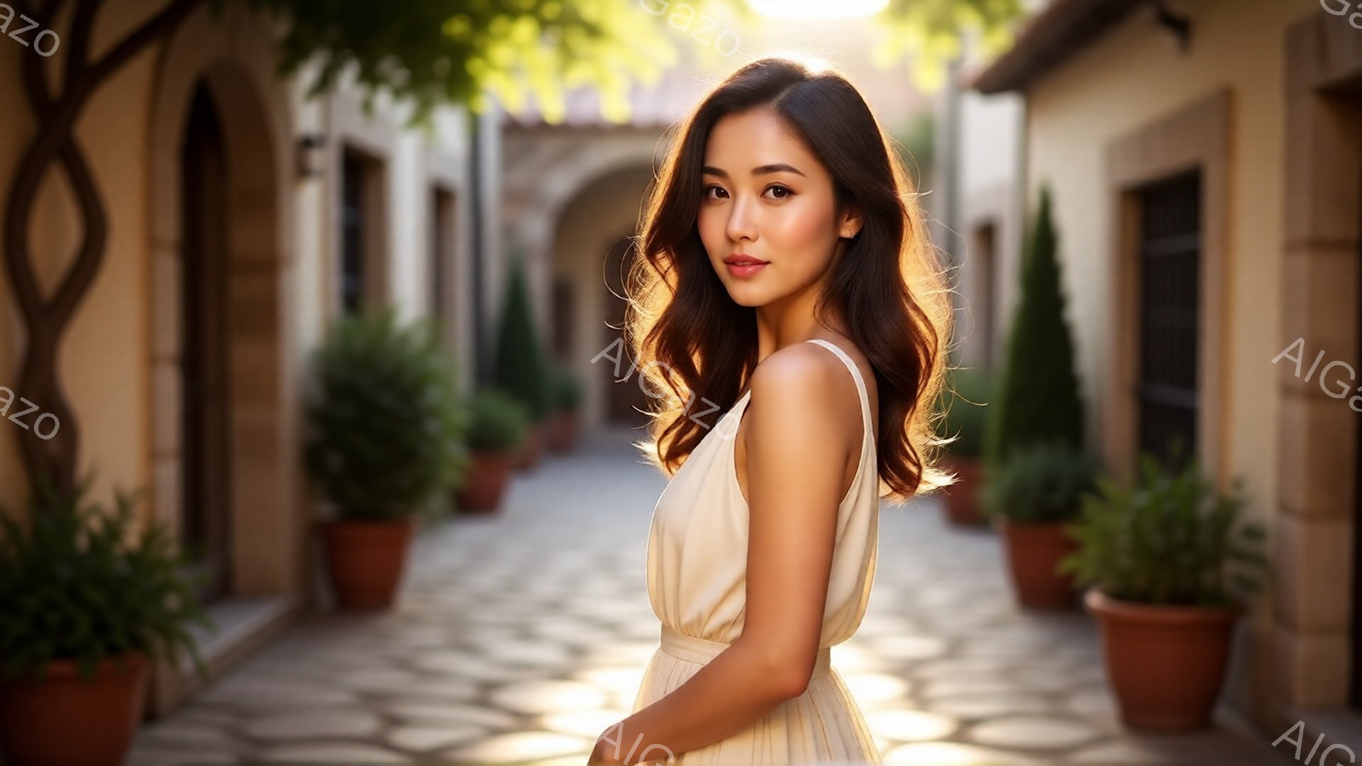 長いウェーブのかかった茶色の髪と穏やかな微笑みを浮かべたアジア人女性が、クリーム色のキャミソールワンピースを着て、石畳の小道に立っています。彼女はカメラの方を振り返り、優雅な姿勢で立ち、周囲の植物や日当たりの良い建物が背景を彩っています。全体的に、穏やかで牧歌的な雰囲気が漂う、美しいポートレート写真です。