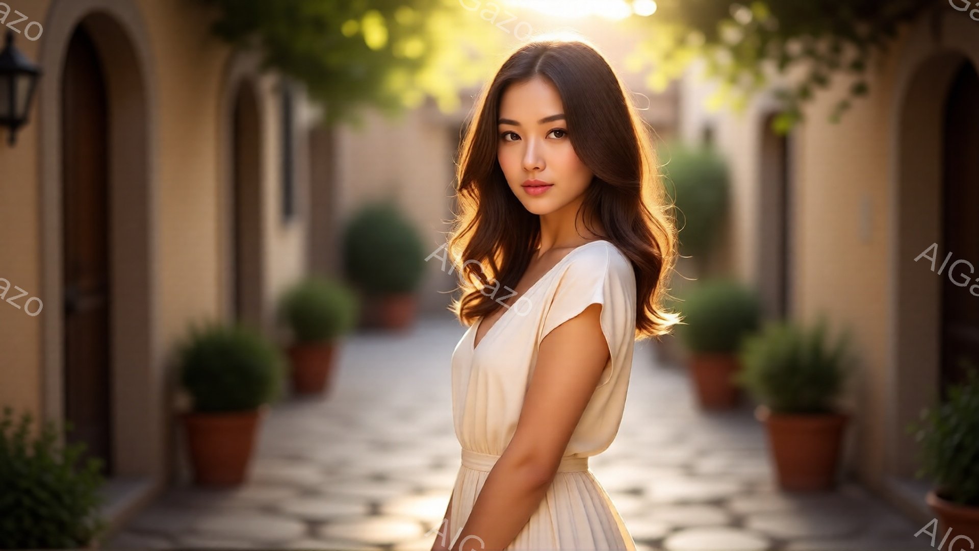 明るい日差しの下、女性がベージュ色のワンピースを着て、石畳の道に立っている。彼女は肩まで豊かなウェーブヘアで、穏やかな微笑みを浮かべている。背景には、鉢植えの植物が並び、アーチ型の入り口が連なるヨーロ - AI生成フリー素材
