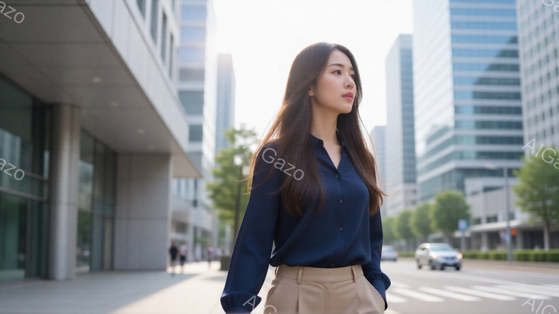 長い茶色の髪を肩にかけた女性が、紺色のブラウスとベージュのパンツを着用し、街路を歩いている。彼女は少し横を向き、遠くを見つめている表情は、落ち着きと自信に満ちている。背景には高層ビル群が並び、晴れた空と歩道が広がっており、都会的で洗練された雰囲気が漂っている。