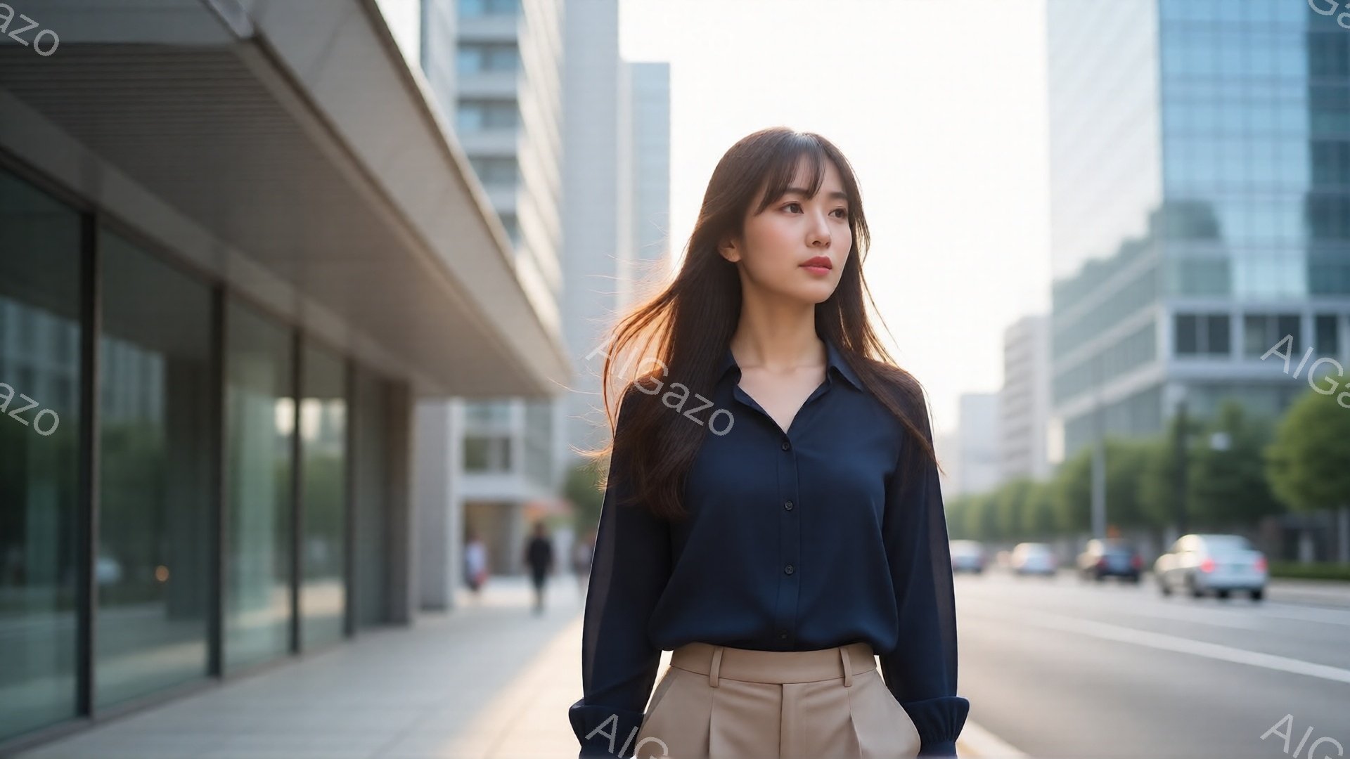 長い黒髪をなびかせ、濃い紺色のブラウスとベージュのパンツを着用した女性が、街路を歩いている。彼女は少し上目線で遠くを見つめ、表情は落ち着いており、自信に満ち溢れているように見える。背景には近代的な高層 - AI生成フリー素材