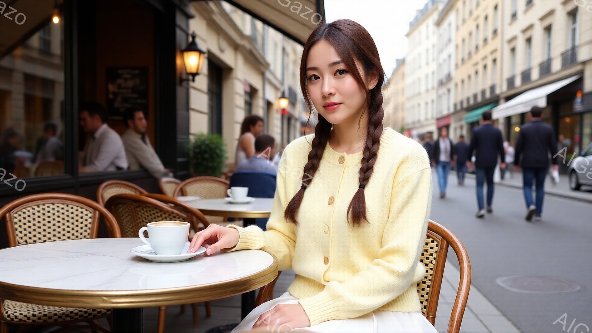 若い女性がカフェの屋外席に座り、コーヒーカップを持っている。彼女は黄色のカーディガンと白いボトムスを着ており、髪は二つに編み込みにしている。背景には石畳の道とカフェ、そして歩行者が見え、パリの穏やかな - AI生成フリー素材